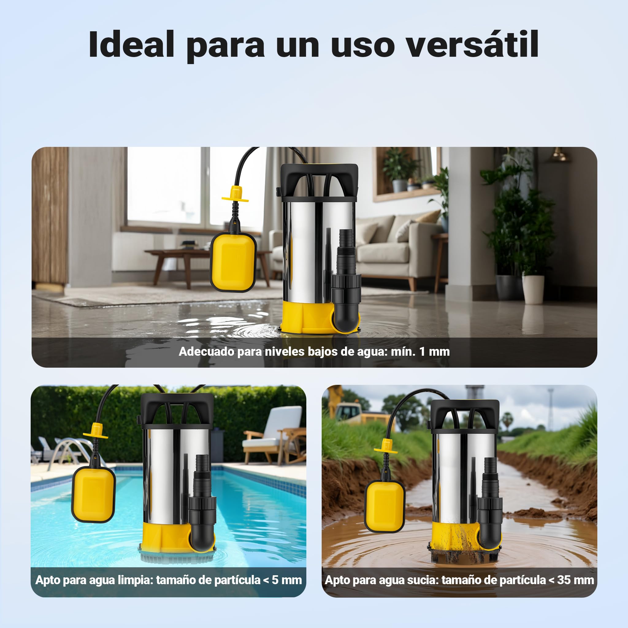 Wiltec Bomba de agua 3 en 1 aspiración plana 400W, caudal 8000 l/h, altura 5 m, para agua limpia y sucia, carcasa de acero inox y PPO