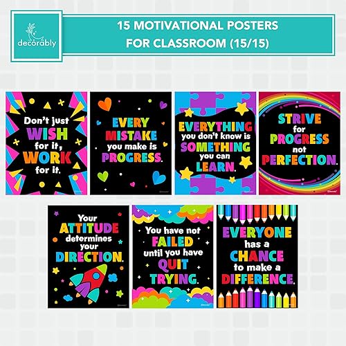 Miniatura 4 de Decorably 15 carteles motivacionales de pizarra para niños, 11 x 14 pulgadas, laminado mate, decoración de pared motivacional para aulas, tablones