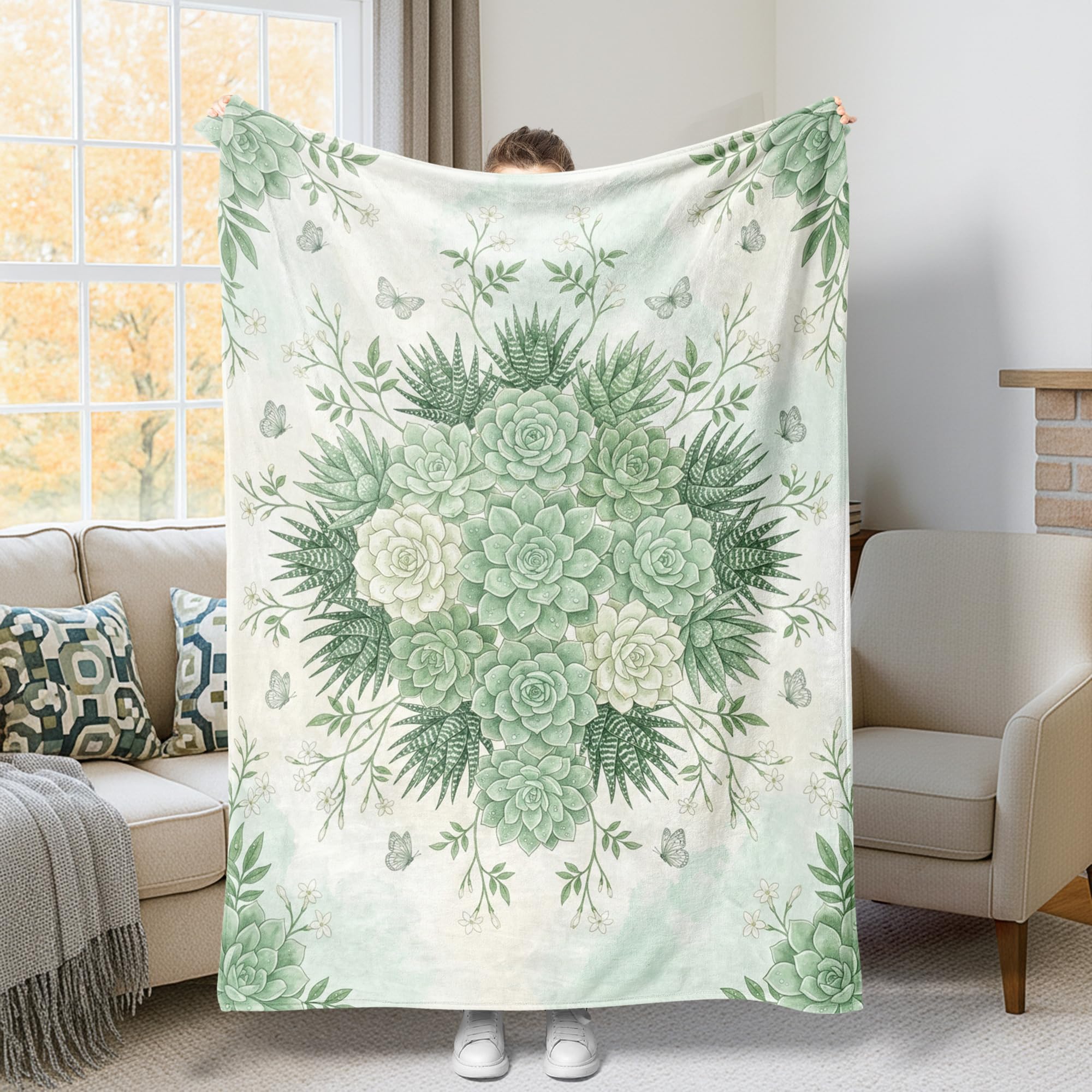 Plaid en molleton vert motif botanique pour vos soirées cocooning au salon