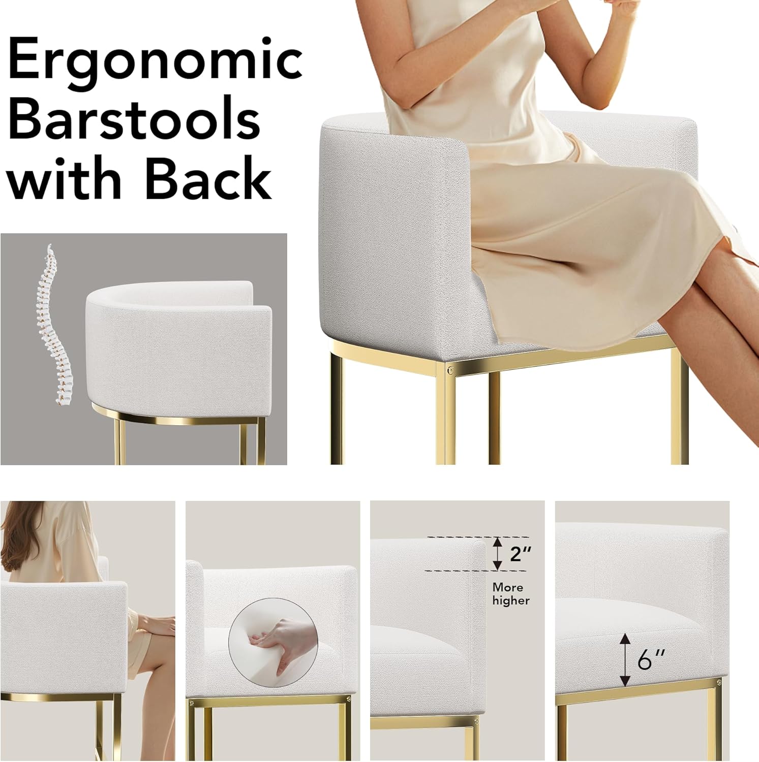 Golden Base Counter Stools Set of 4, Upholstered 26" Seat Height Modern High Bar Stools with Armrests for Home Pub,Linen Snow White/Polished Gold Metal Base