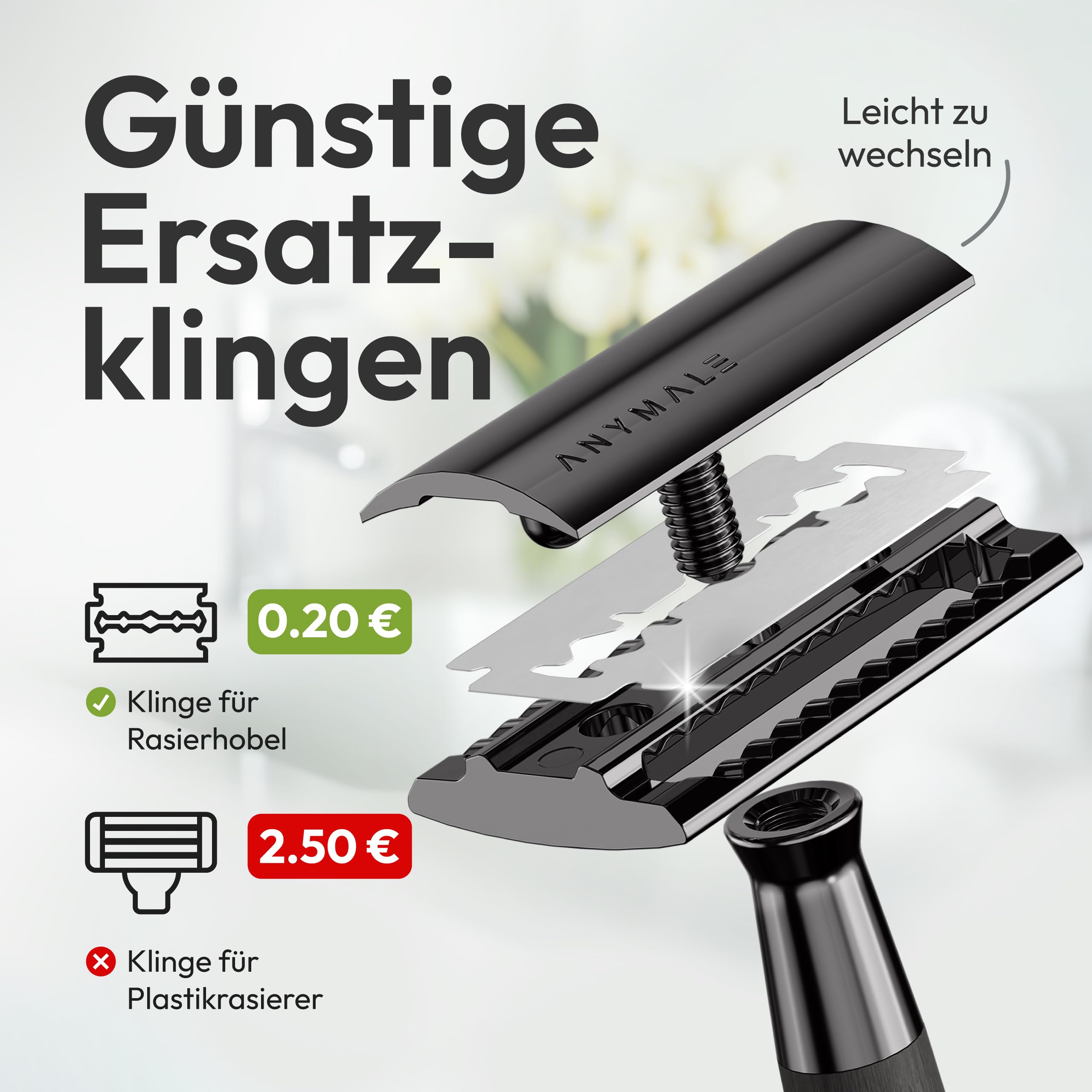 Rasierhobel „Midnight“ für Damen & Herren Griff aus Ahornholz (Schwarz) - Holz Nassrasierer & Rasierer Metall mit 5 Klingen (Zero Waste) - Männer-Rasierer, Klingenrasierer & Safety Razor