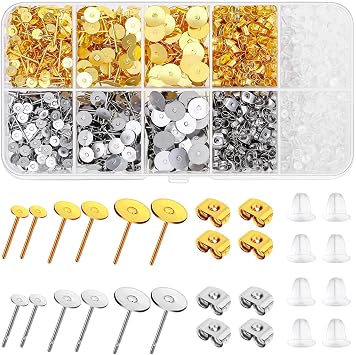 Hypoallergenic Earring Posts and Backs, Caffox 2000pcs Stud Earrings Making Kit with Ear Ring Base and Earring Backs for Leather Stud, Clay, Pearl Jewelry Making Gold & Silver