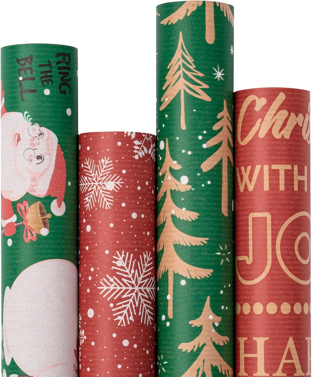 RUSPEPA Christmas Kraft Wrapping Paper - Santa Claus, Snowflake, Christmas Tree and Text Design - 4 Rolls - 30 inches x 10 feet per Roll Green and Red