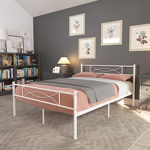 Weehom Metal Bed Frame Full Size with Vintage Headboard and Footboard Platform Bed White