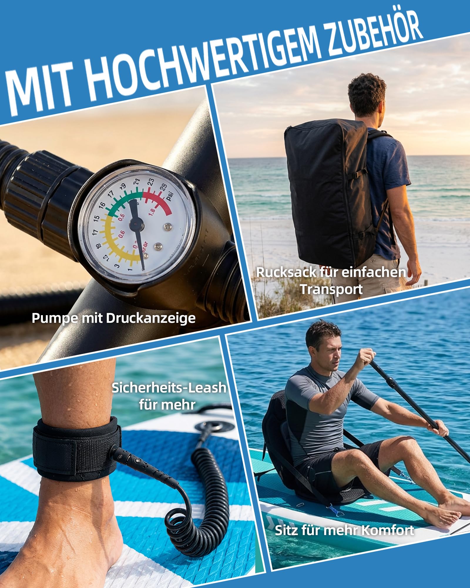 Stand Up Paddling Board, Aufblasbares SUP Board 320×82×15cm Breites Stabiles Design Paddle Board bis 200KG mit Komplettes Zubehör für Erwachsene & Einsteiger