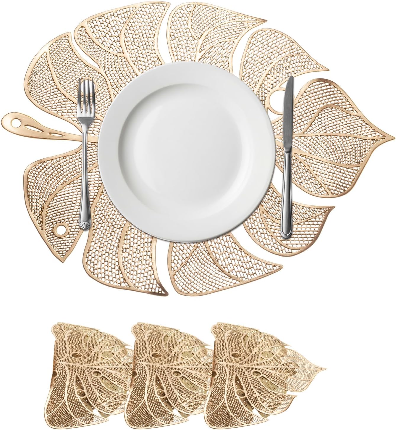 uxcell Silver Palm Leaf Shaped Placemats Set of 8 for Dinner Tables, Metallic Polyvinyl Pressed Placemats Washable Table Mats for Dinner Table Decor (35 x 45cm/13.8 x 17.7inch)