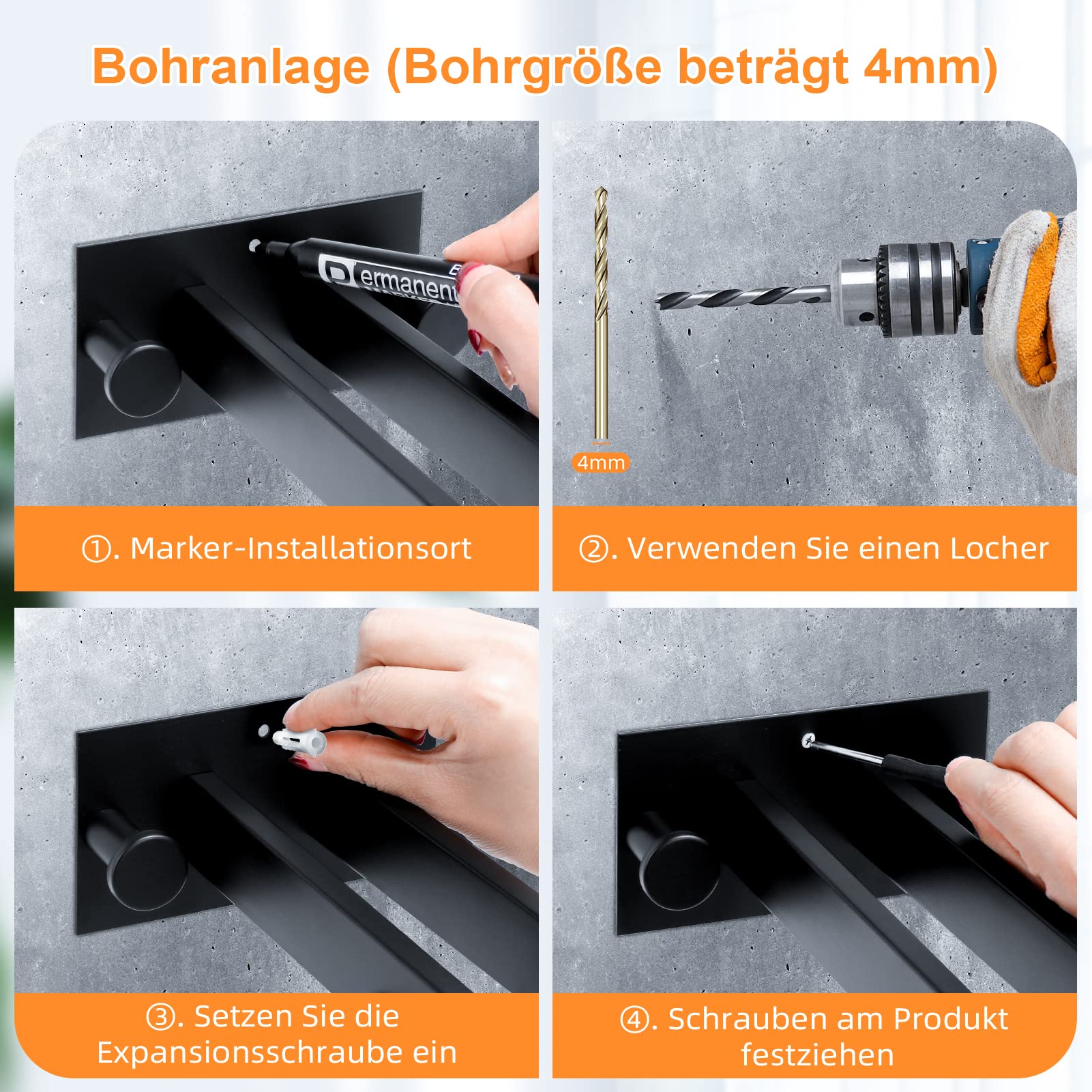 Handdoekhouder zonder boren, twee armen, roestvrij staal