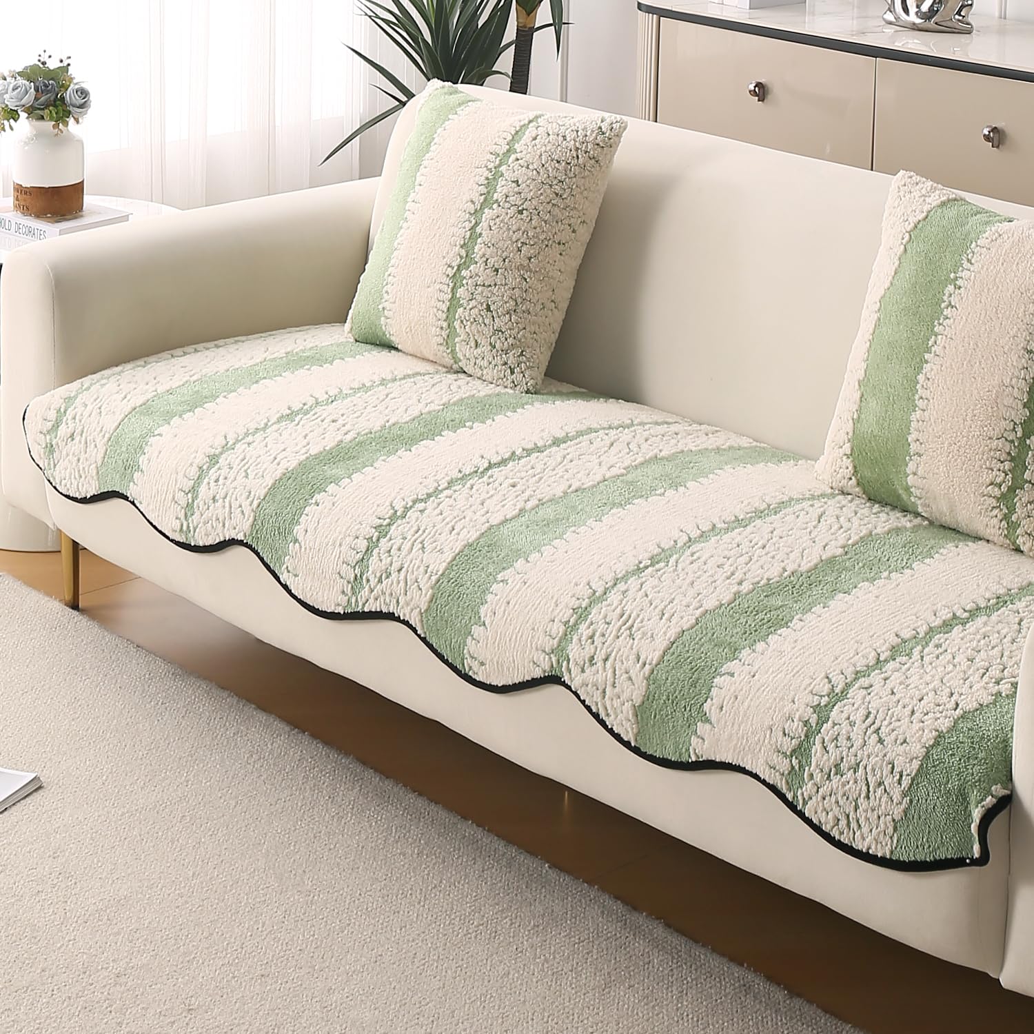HOKIPO Luxury Wavy Anti Slip Plush Sofa Cover Mat | Make Your Own Sofa Cover Set, Mat Length 90(D) x 180(L) cm, Pistachio Green (AR-5985-GRN)-image-3