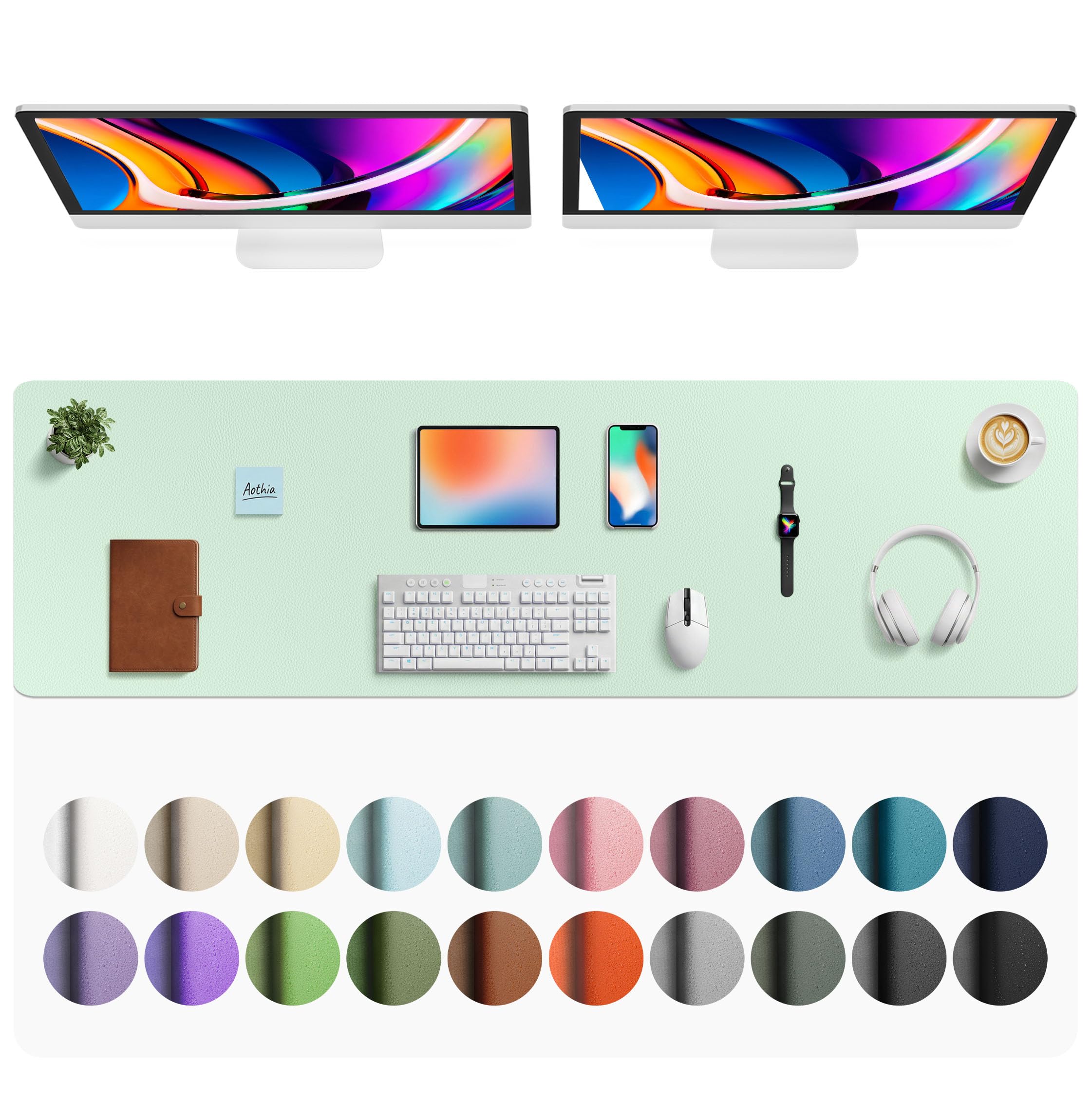 Aothia Faux Leather Desk Mat - Large Mouse Pad, Non-Slip PU Leather Blotter, Waterproof Writing Surface for Office and Home (Aqua, 63" x 17")