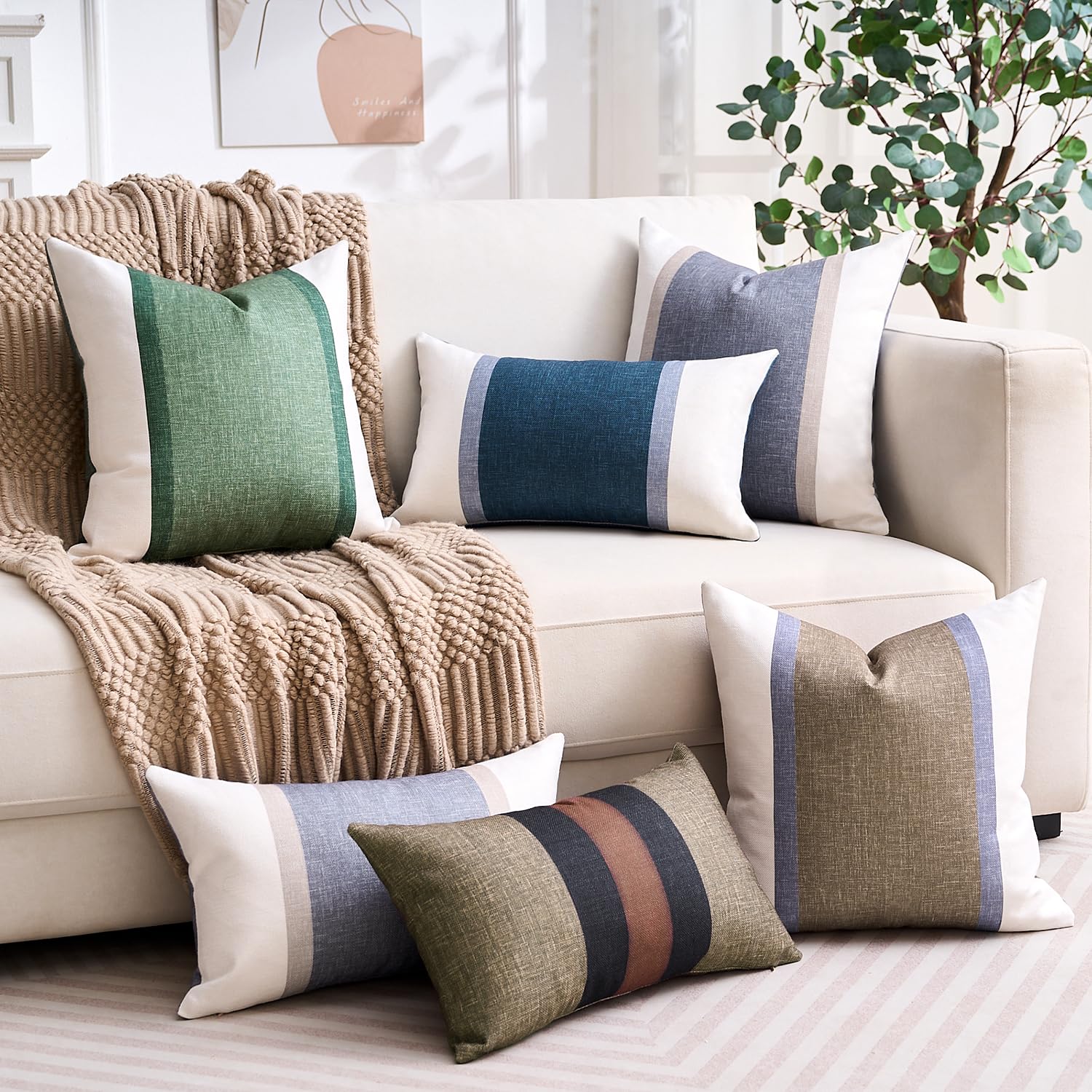 Copricuscini 40x40 Cm In Lino E Cotone - Design Patchwork Righe Beige E Verde | Per Divano, Letto, Soggiorno - Foto 10