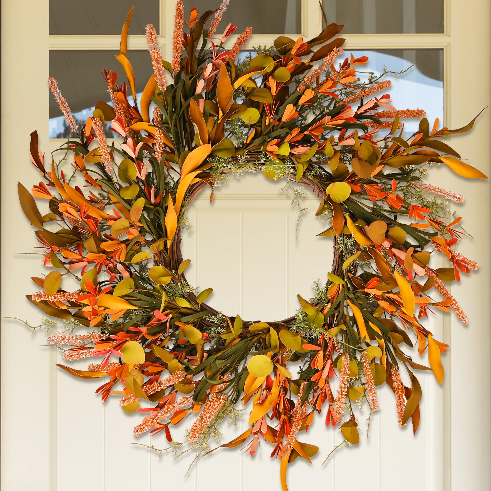 24" Orange Flower Fall Wreath with Colorful Mixed Leaves, Autumn Eucalyptus Artificial Wreath for Thanksgiving Halloween Front Door Window Home Wall