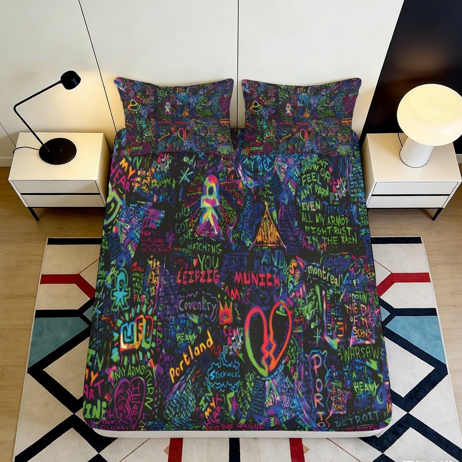 3D Printed Graffiti Neon Art Fitted Sheet Microfiber Colourful Urban Letter Mattress Cover for Bedroom Dorm Decor 140x200x25cm