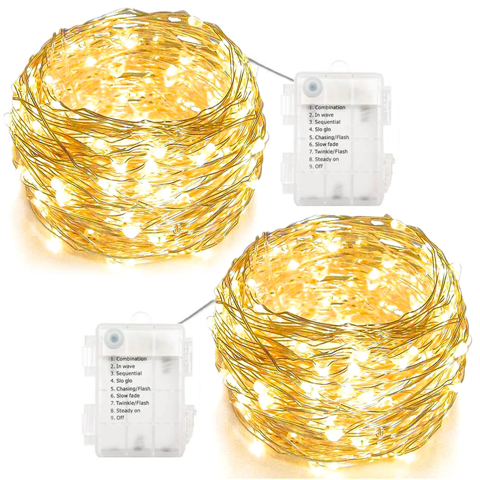 Twinkle Star 33FT 100 LED Silver Wire String Lights Fairy String Lights Battery Operated LED String Lights for Christmas Wedding Party Home Holiday Decoration, Warm White 2 Pack