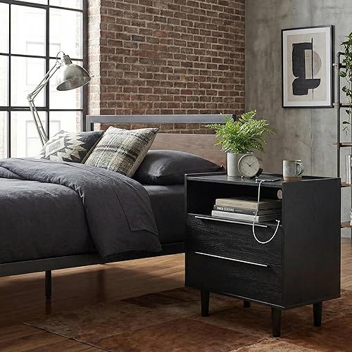 Miniatura 8 de Juego de 2 mesitas de noche negras modernas con estación de carga oculta, puertos USB, orificio para cable, bandeja superior y 2 cajones, mesitas de
