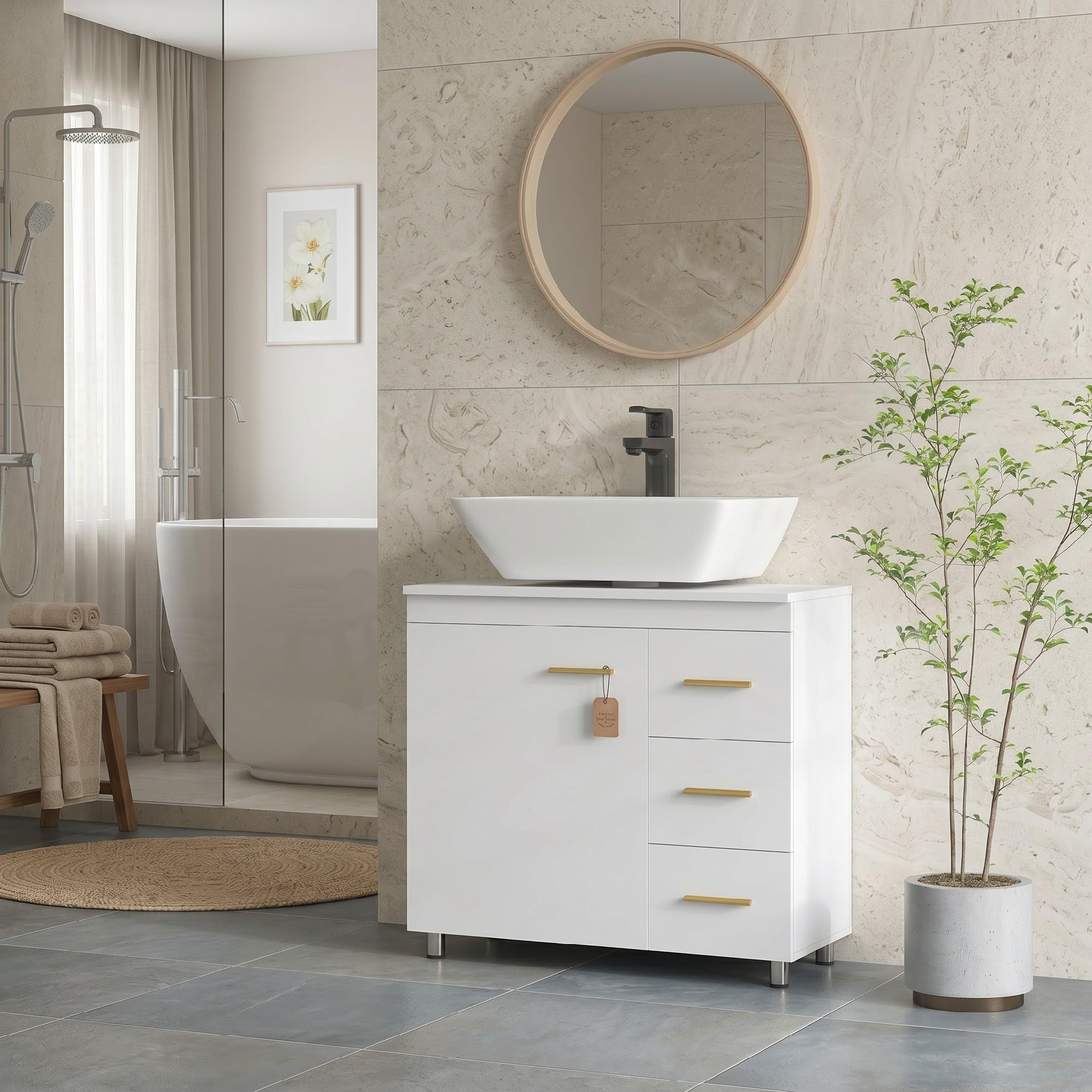 HOMCOM Mobile Sottolavabo per Bagno Salvaspazio 70x30x65cm Bianco | Intaglio a U, Armadietto a 3 Ripiani Soft Close, Mobiletto con 3 Cassetti, per Lavabi con o senza Piedistallo