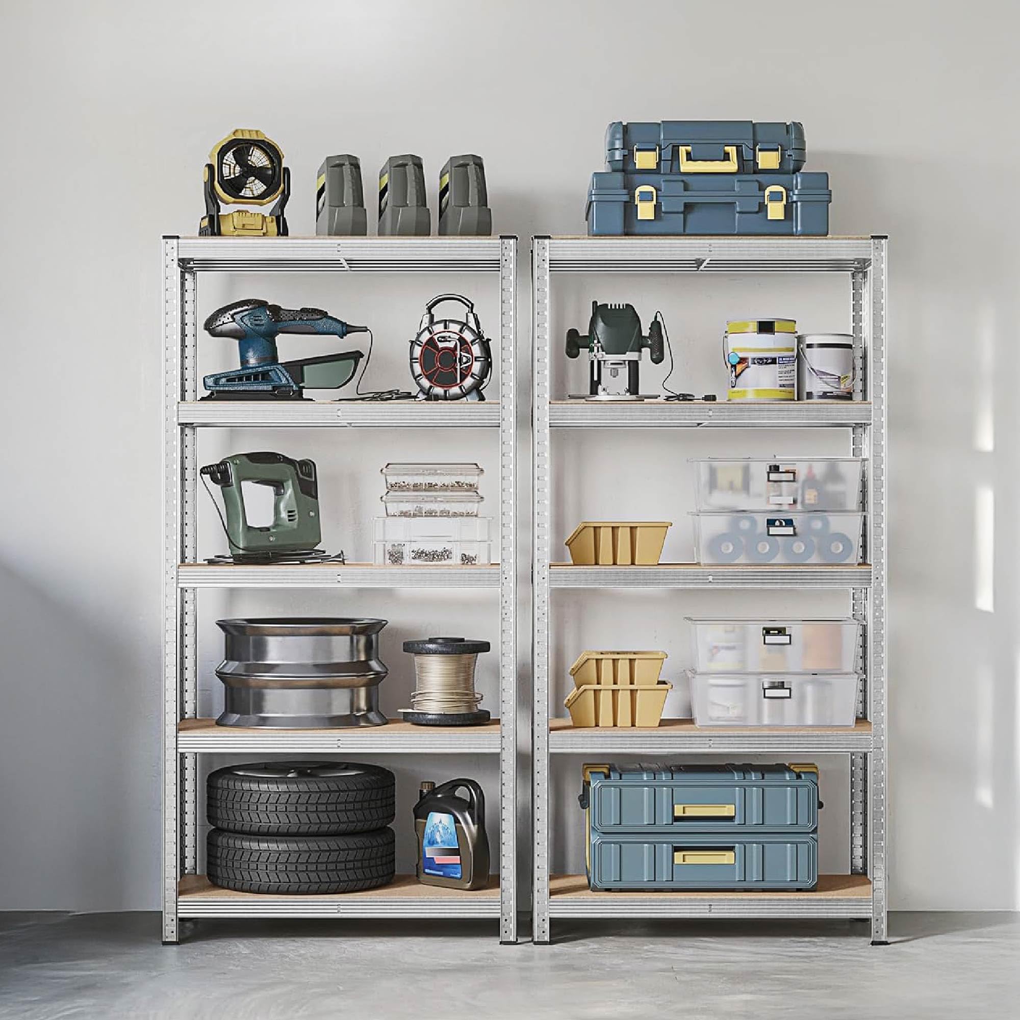 Set 2 Scaffali in Metallo 40x90x180 cm – Scaffalatura a 5 Ripiani Regolabili Senza Viti, Portata 875 kg Totale (175 kg per Ripiano) – Scaffale Salvaspazio Garage Cantina Officina con Ripiani in MDF