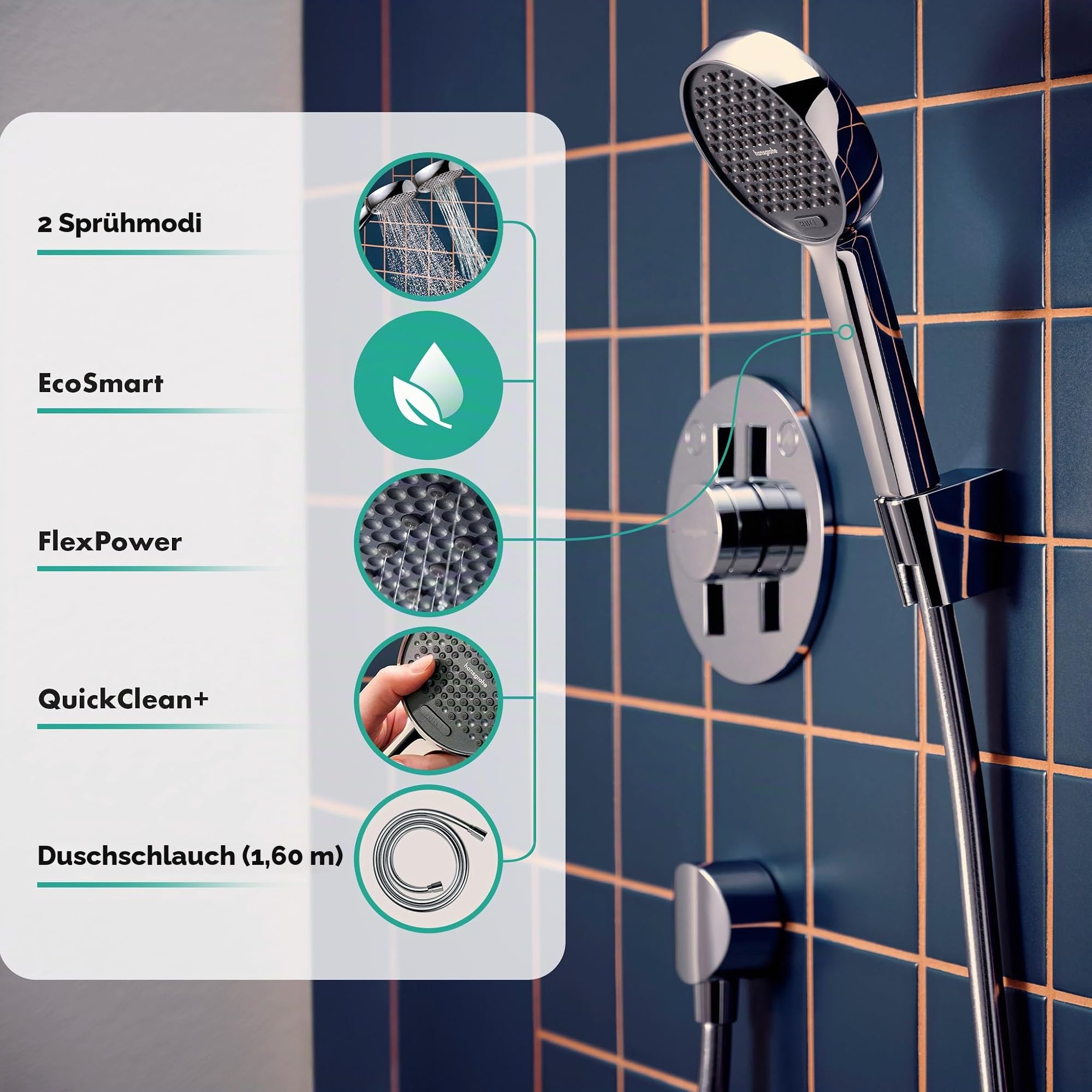 hansgrohe Activera Select S - Duschset mit Duschkopf wassersparend (EcoSmart, 2 Strahlarten), Duschschlauch (1,60 m) und Duschkopfhalterung, Chrom, 28054000