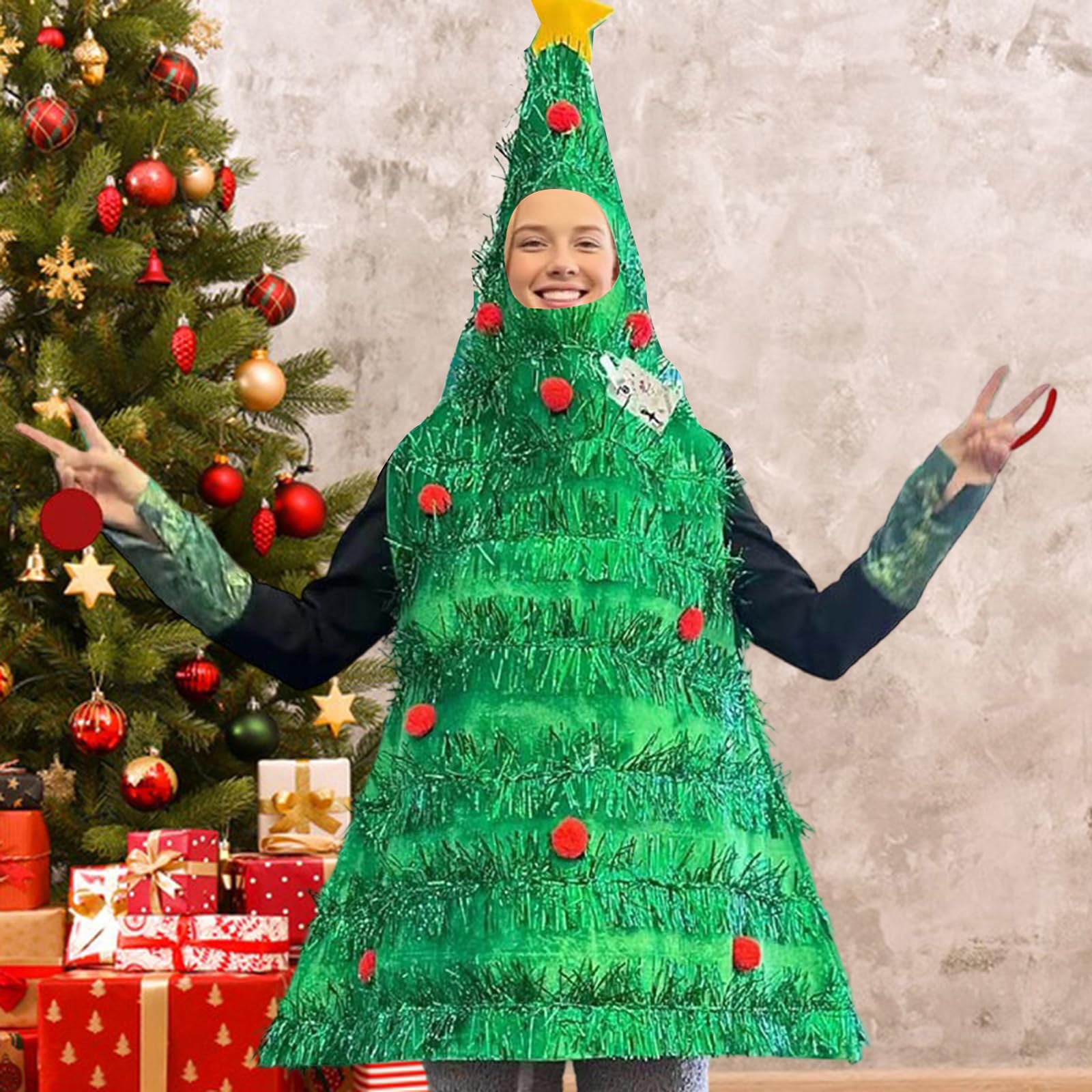 Lshyuehao Christmas Tree Costume Elf Costume Dress Adult Green Tree Cosplay Costumes Christmas Tree Hooded Dress (B-Green, One Size) - Image 2