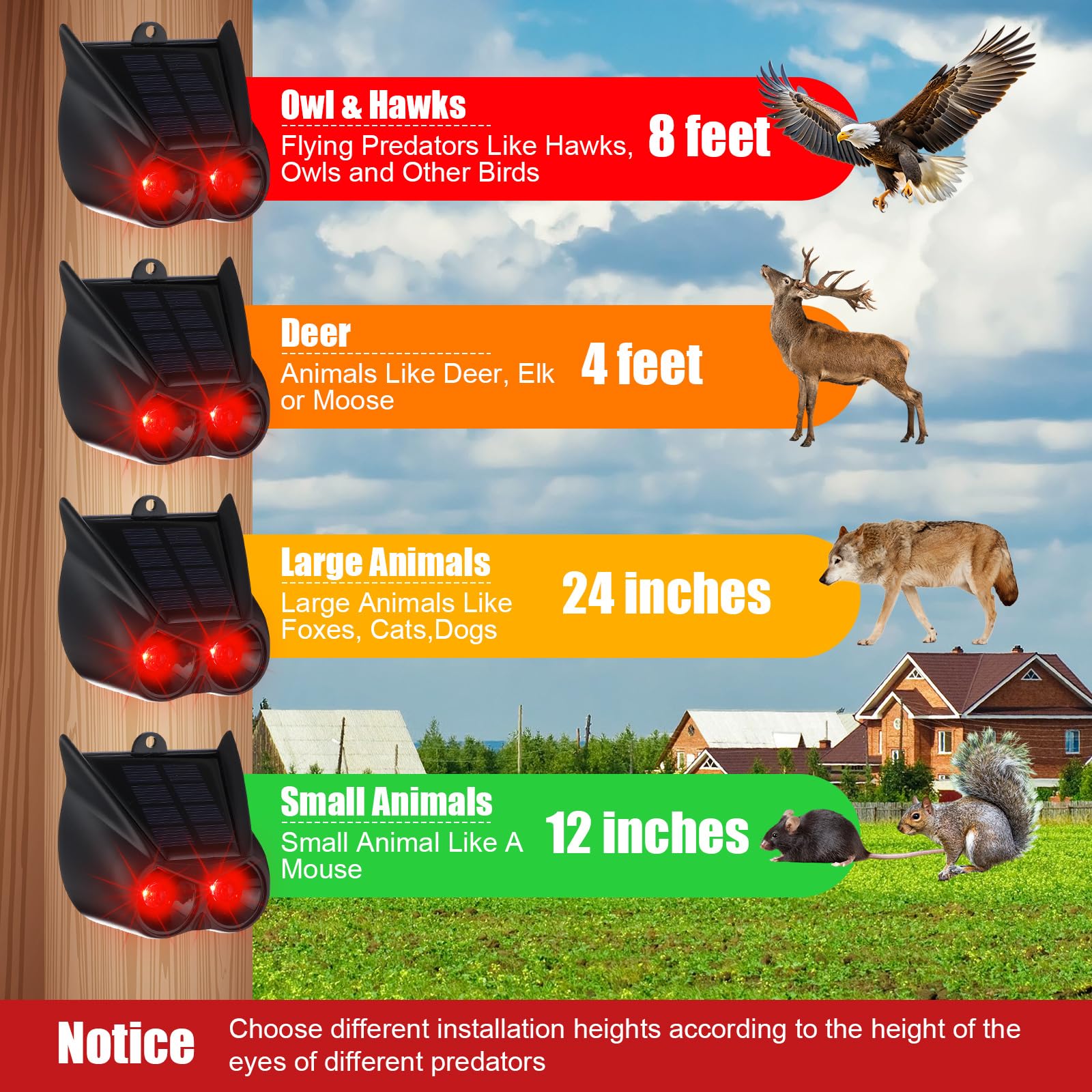 Qualirey Paquete de 6 repelentes solares de animales nocturnos, con LED rojo intermitente, impermeable, disuasivos de depredadores para coyote, mapache, ciervo, zorro, zorrillo, ideal para jardín al