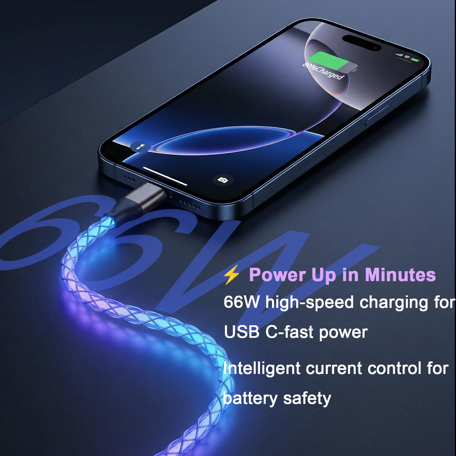 Cable USB C iluminado, cables de carga rápida LED tipo C