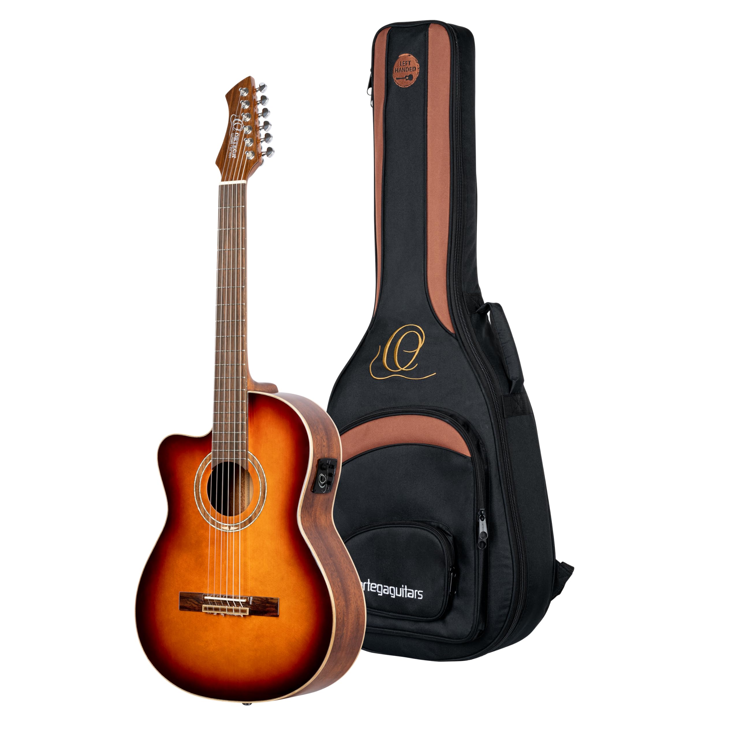 Ortega Guitars Konzert Gitarre Linkshänder – Elektro-Akustisch, 4/4, Slim Neck – Performer Series – Inklusive Gig Bag – Massive Sitka Fichte, Mahagoni, Hochglanz Mehrfarbig (RCE238SN-FT-L)
