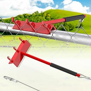 Chain Link Fence Top Rail Stretcher Tool, Heavy Duty Fence Fabric Support Tool with 3 Metal Hooks & 28”Cable Hook for Easy One-Person Installation, Red, 1PC