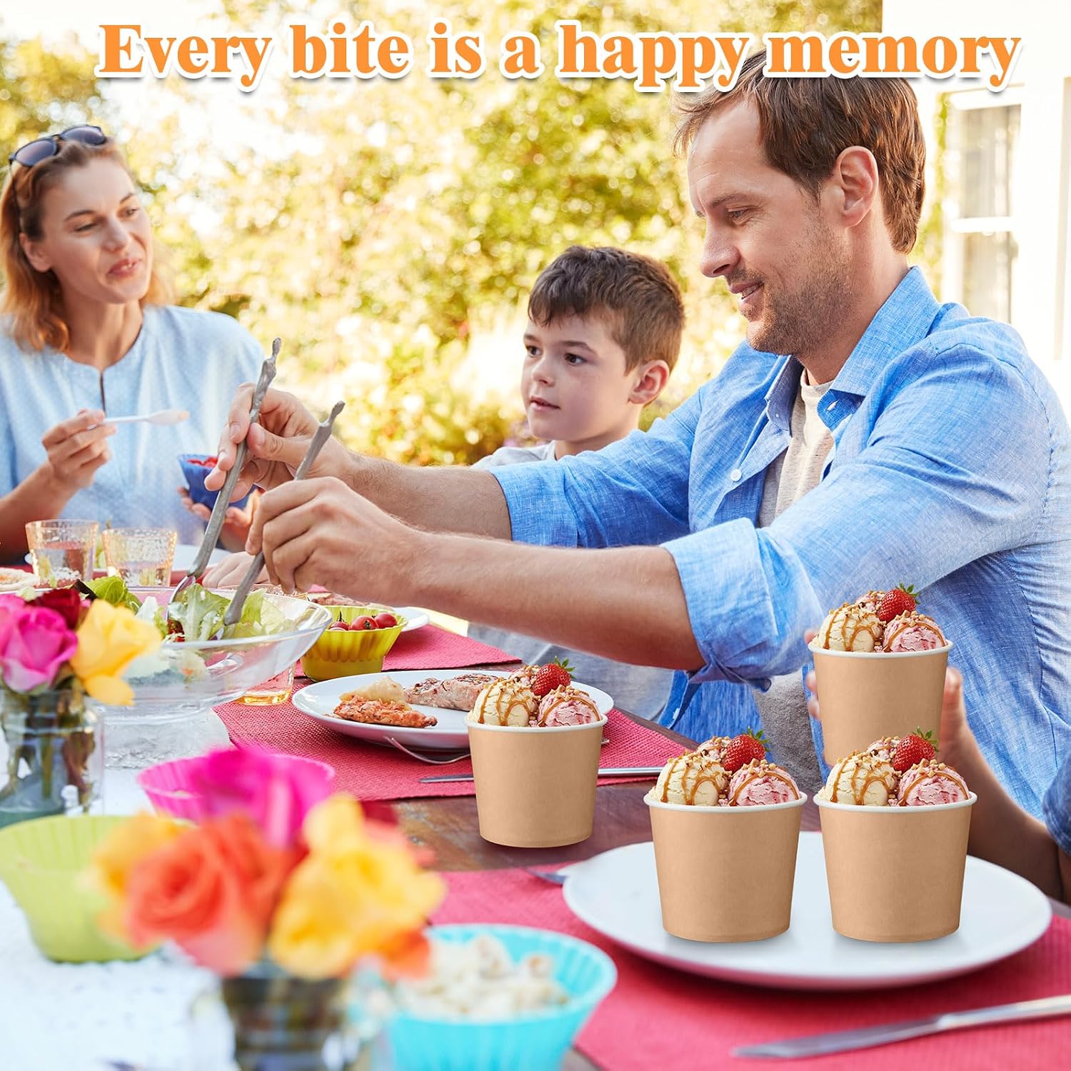 Honeydak 200 Pcs Kraft Paper Ice Cream Cups Disposable Dessert Bowls for Hot or Cold Food Brown Paper Snack Containers for Sundae, Frozen Yogurt, Soup Baby Shower Party Supplies (11 oz,Brown) image 4