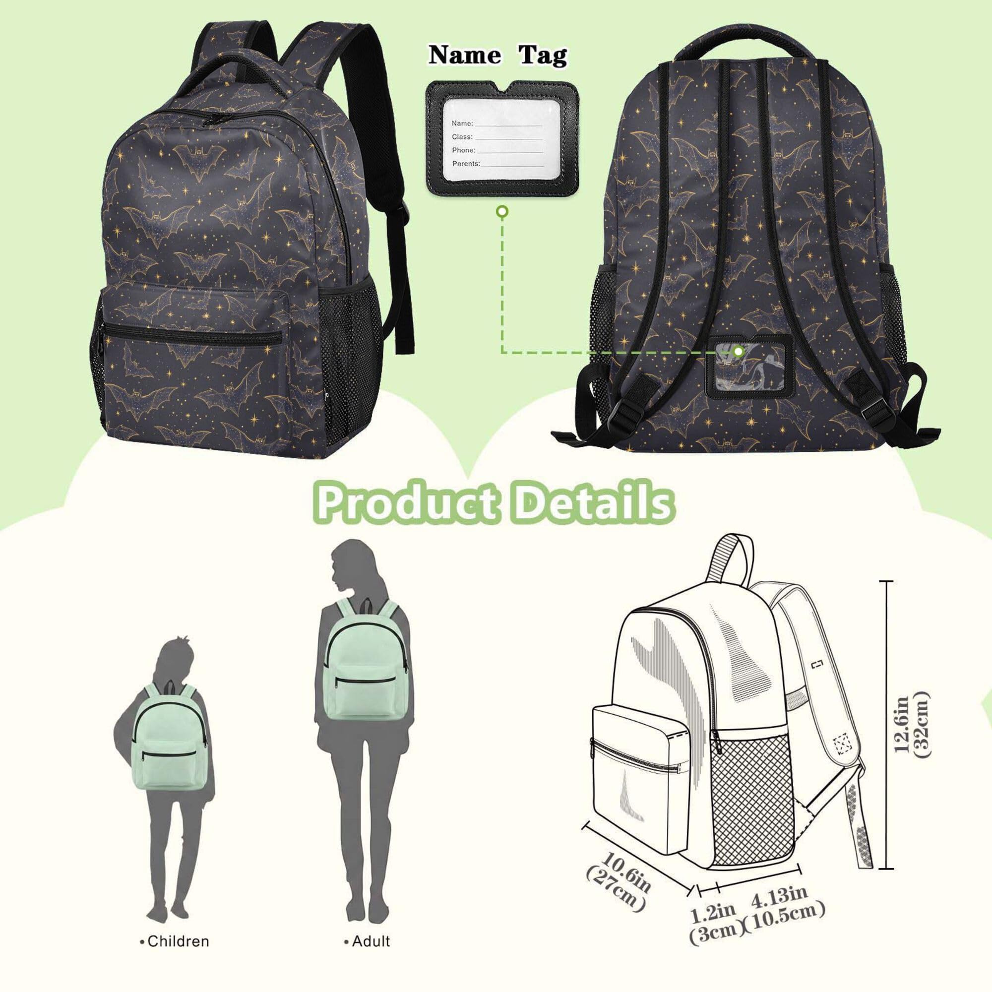 ALAZA Mochila para niños, mochila escolar con diseño de murciélagos y estrellas, color negro, de gran capacidad, para estudiantes, para niños y niñas, Bats I8277, M, Bats I8277