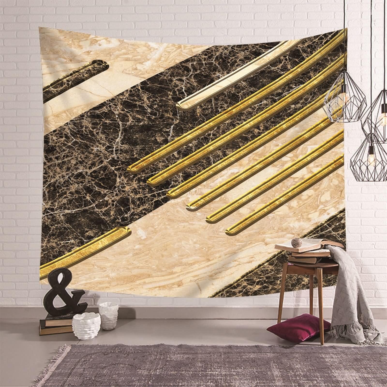 Homxi Wandteppich 260 x 240 CM,Polyester Tapestry Wand Tuch Marmormuster Wandtücher Decor Khaki Schwarz Gold