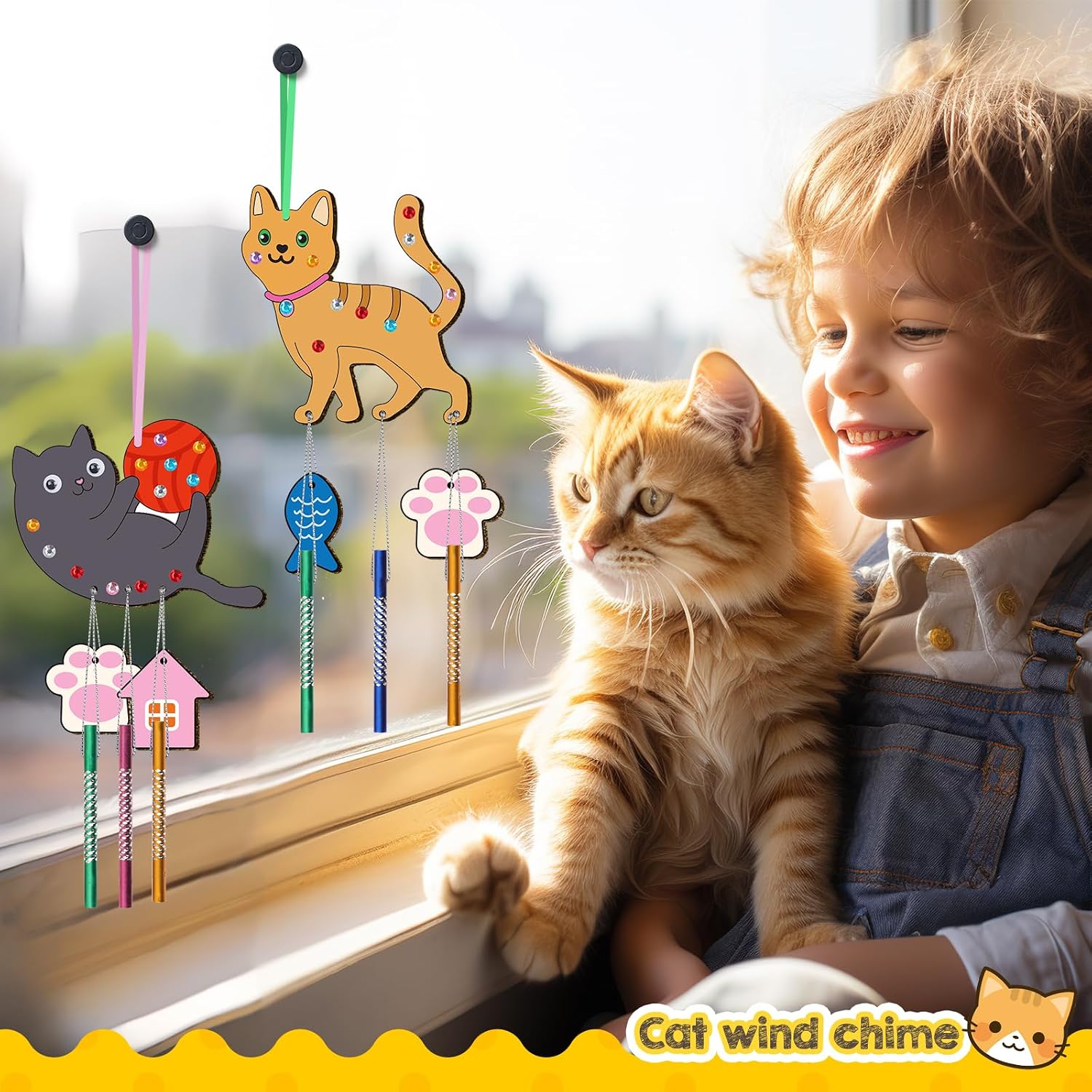 12 Pack Wind Chime Kit for Kids, Make Your Own Wind Chime DIY Wood Arts and Crafts Decorative Coloring Wooden Hanging Ornaments for Girls Boys Home School Activity Party Supplies(Cute Cat)