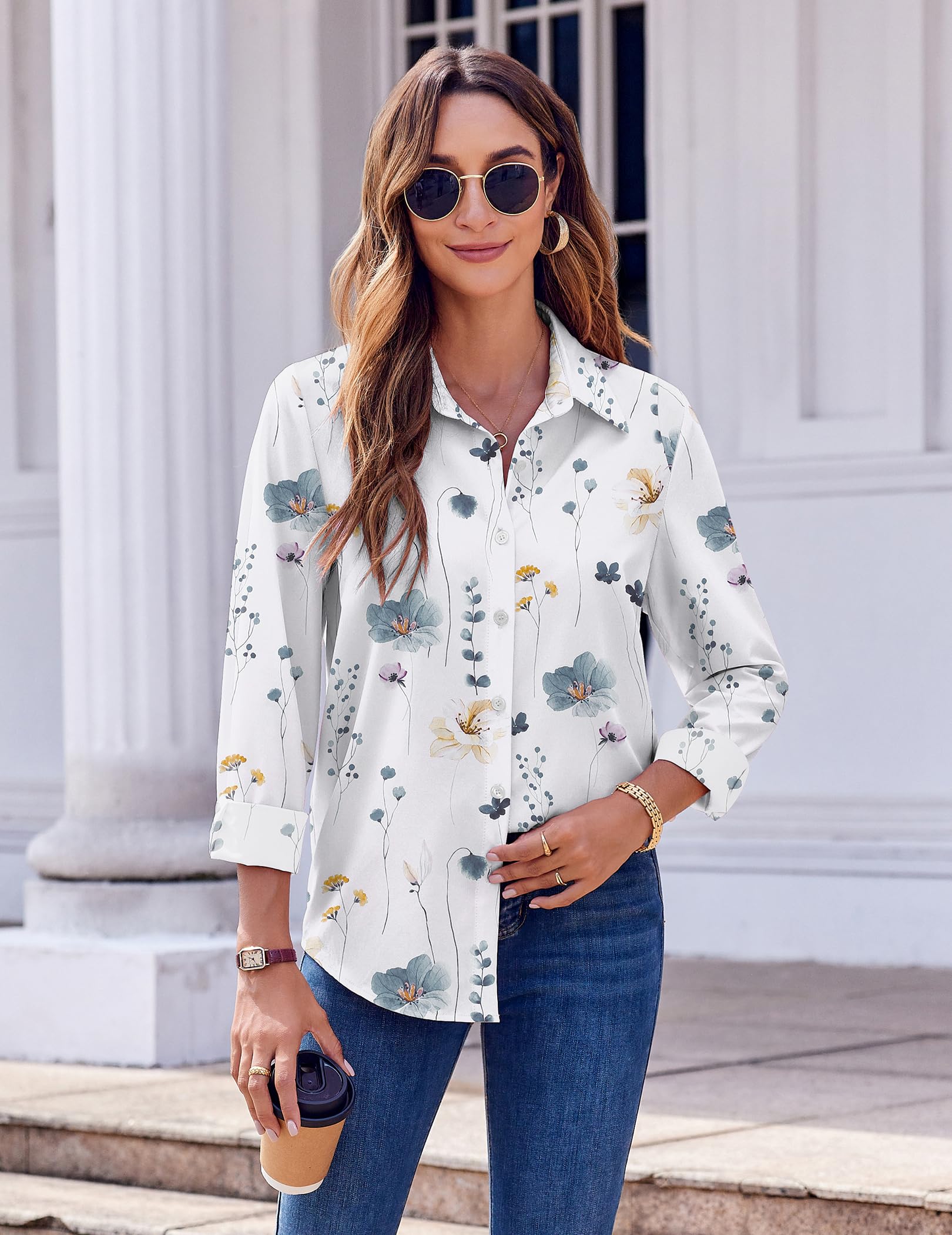 Zeagoo Chemise Femme Fleurs Longue Élégant Manches Col Montant Fleur Boutonnée Printemps Été Business Basique sans Repassage Haut