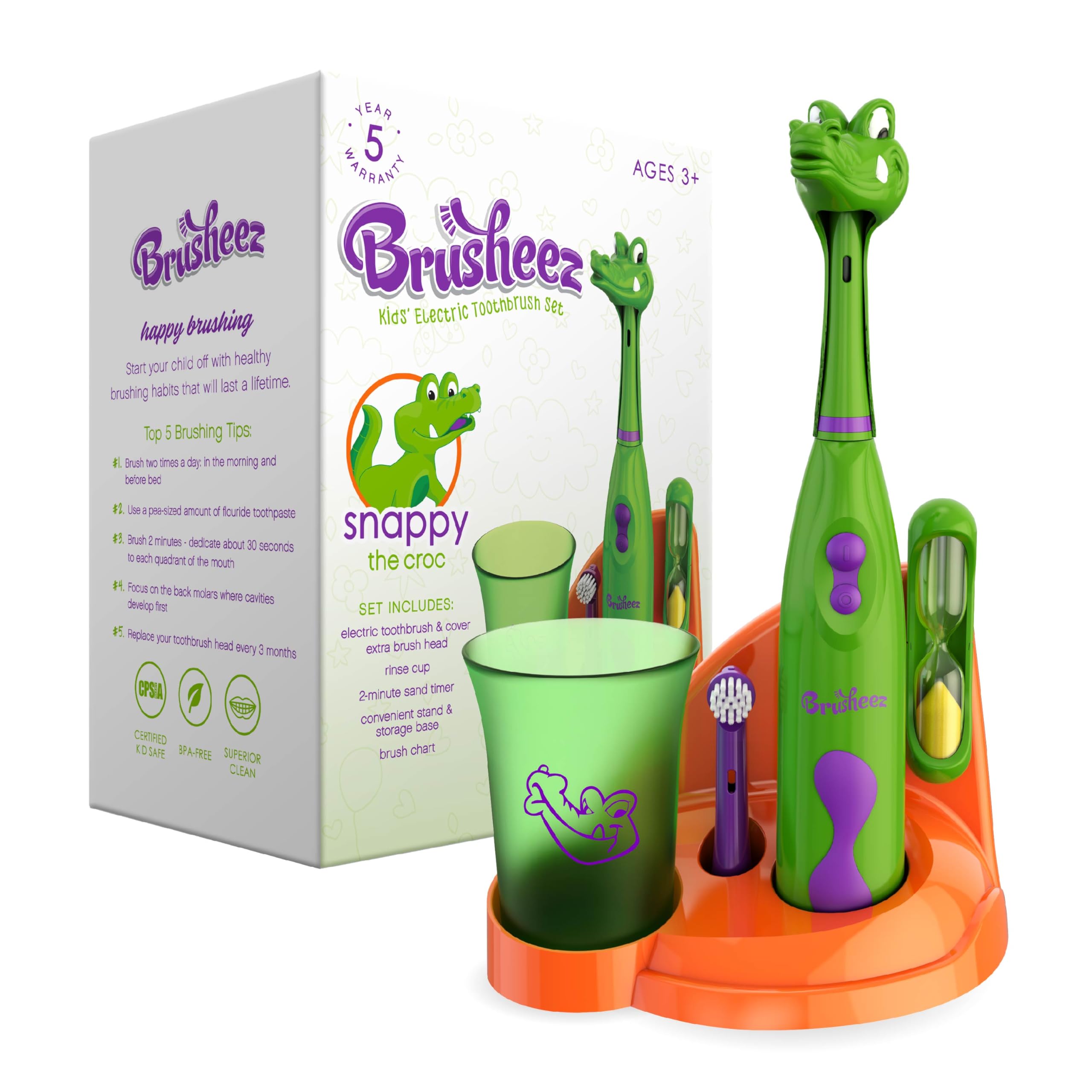 Brusheez Kids’ Electric Toothbrush Set - Safe & Effective for Ages 3+ - Parent Tested & Approved with Gentle Bristles, 2 Brush Heads, Rinse Cup, 2-Minute Timer, & Storage Base (Snappy The Croc)