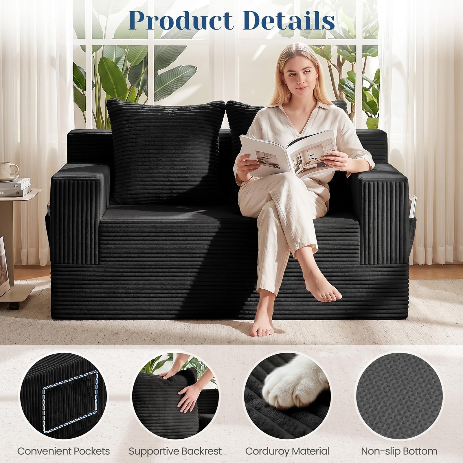 Convertible Sofa Bed,Small Boneless Couch & Boneless Loveseat,Pull Out Couch Bed for Small Spaces,Premium Luxe Corduroy Folding Floor Futon Sleeper with Side Pocket & 2 Pillows, No Assembly Required