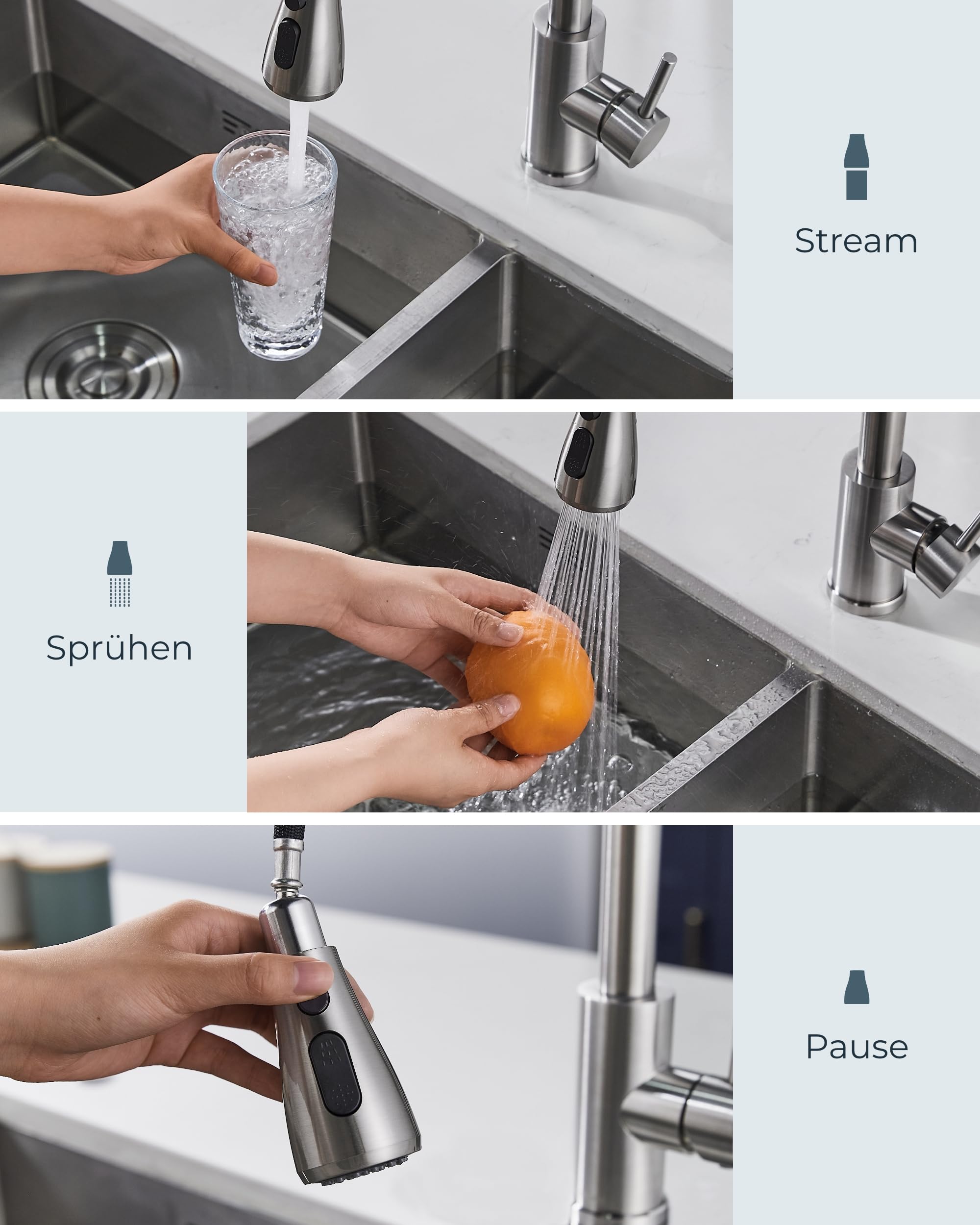 FORIOUS Wasserhahn Küche, Hochdruck Küchenarmatur mit Herausziehbarer Brause Ausziehbar Armatur, Mischbatterie Spültischarmatur, 360° Schwenkbar Zwei Sprühfunktionen, Edelstahl, Standard