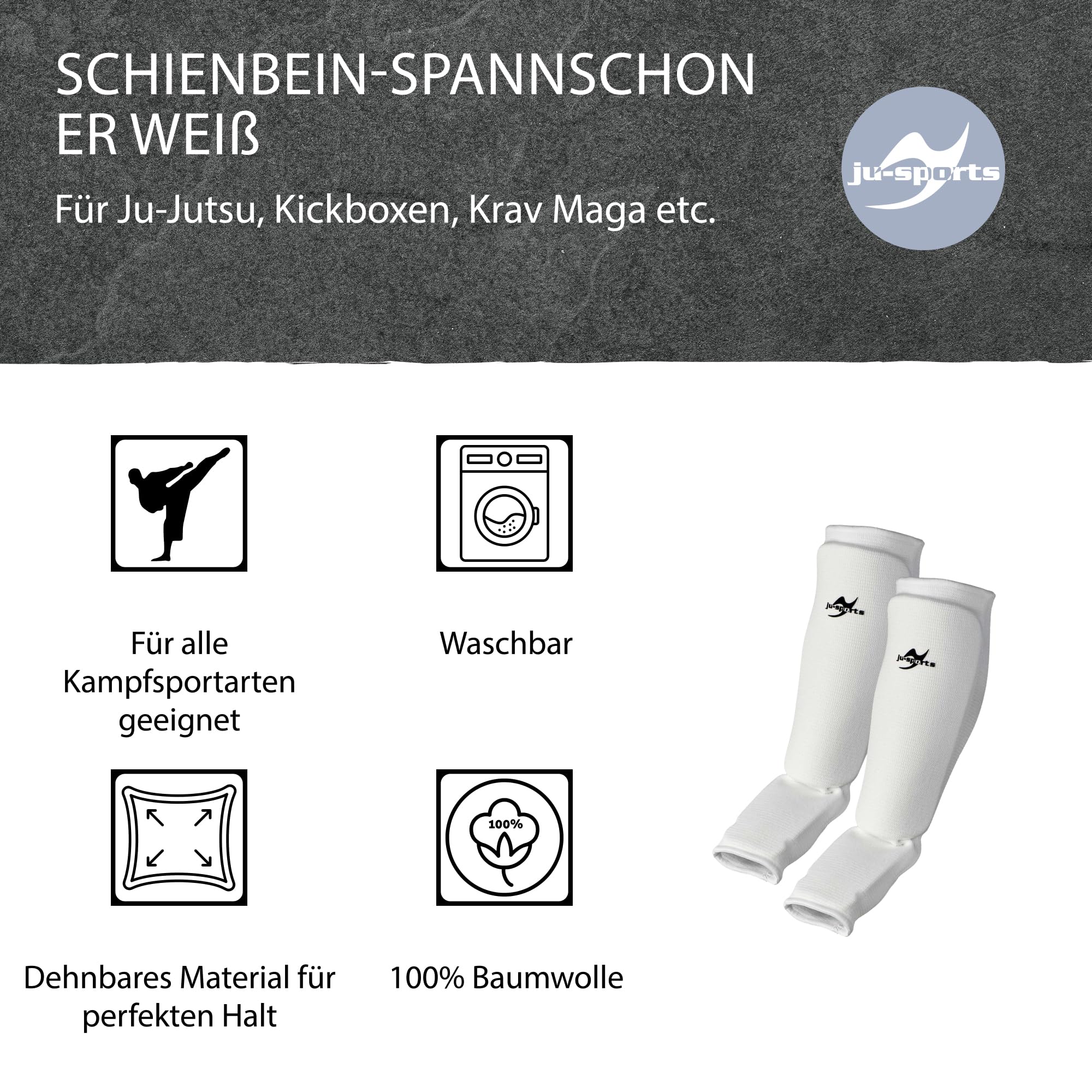 Ju-Sports - Spann Schienbeinschoner, weiß, Baumwolle I Schoner für viele Kampfsportarten I Dehn- & waschbarer Spannschoner & Schienbeinschutz