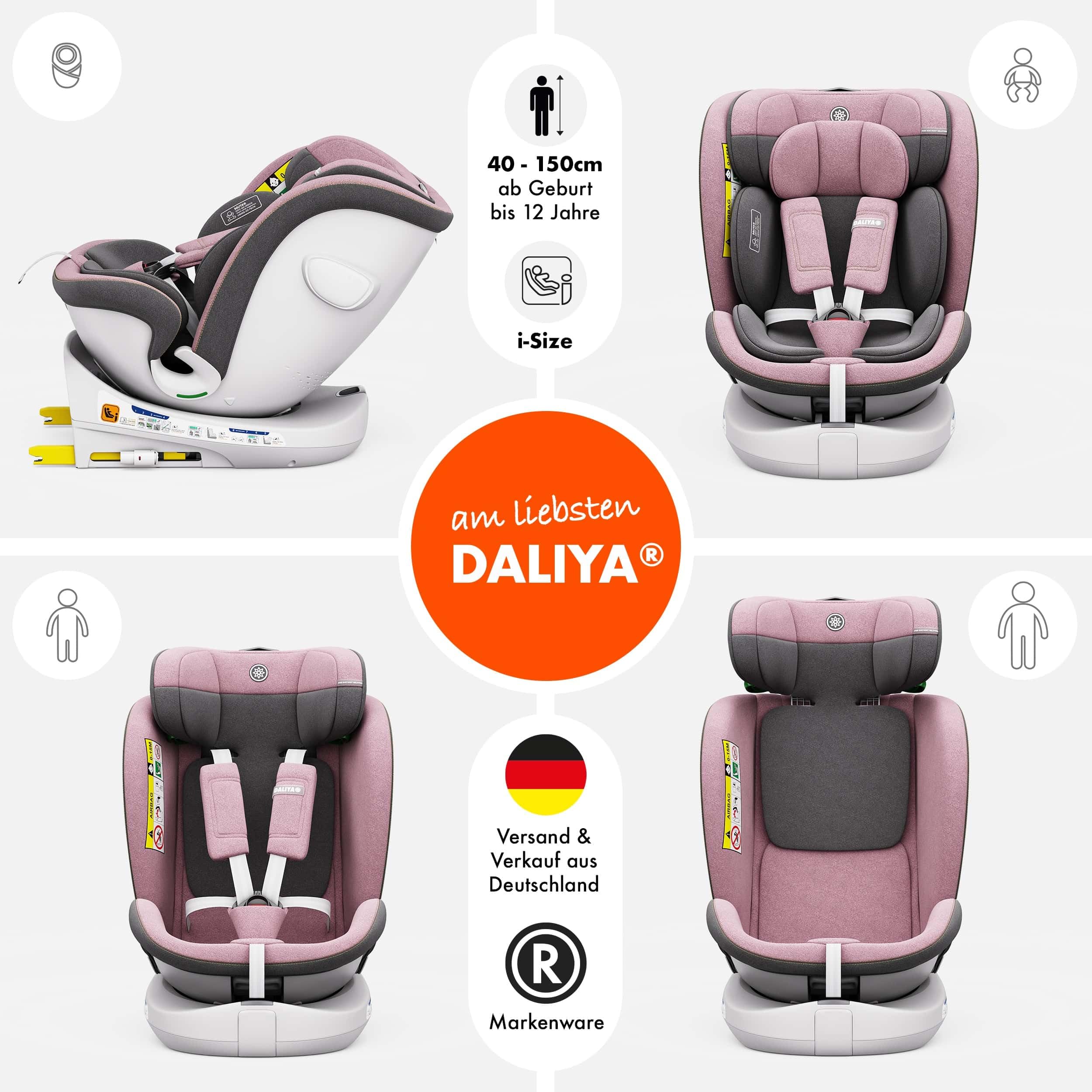 Daliya® Kindersitz ROTAZIONE | I-SIZE 40-150 cm | 8 Pos. | Isofix | (SIP) | Top Tether | 360° | 5 Punkt Gurt | Gruppe 0+ / I/II/III 0-36 KG | Neueste Zulassungs UN ECE Reg. 129 (Rosa)