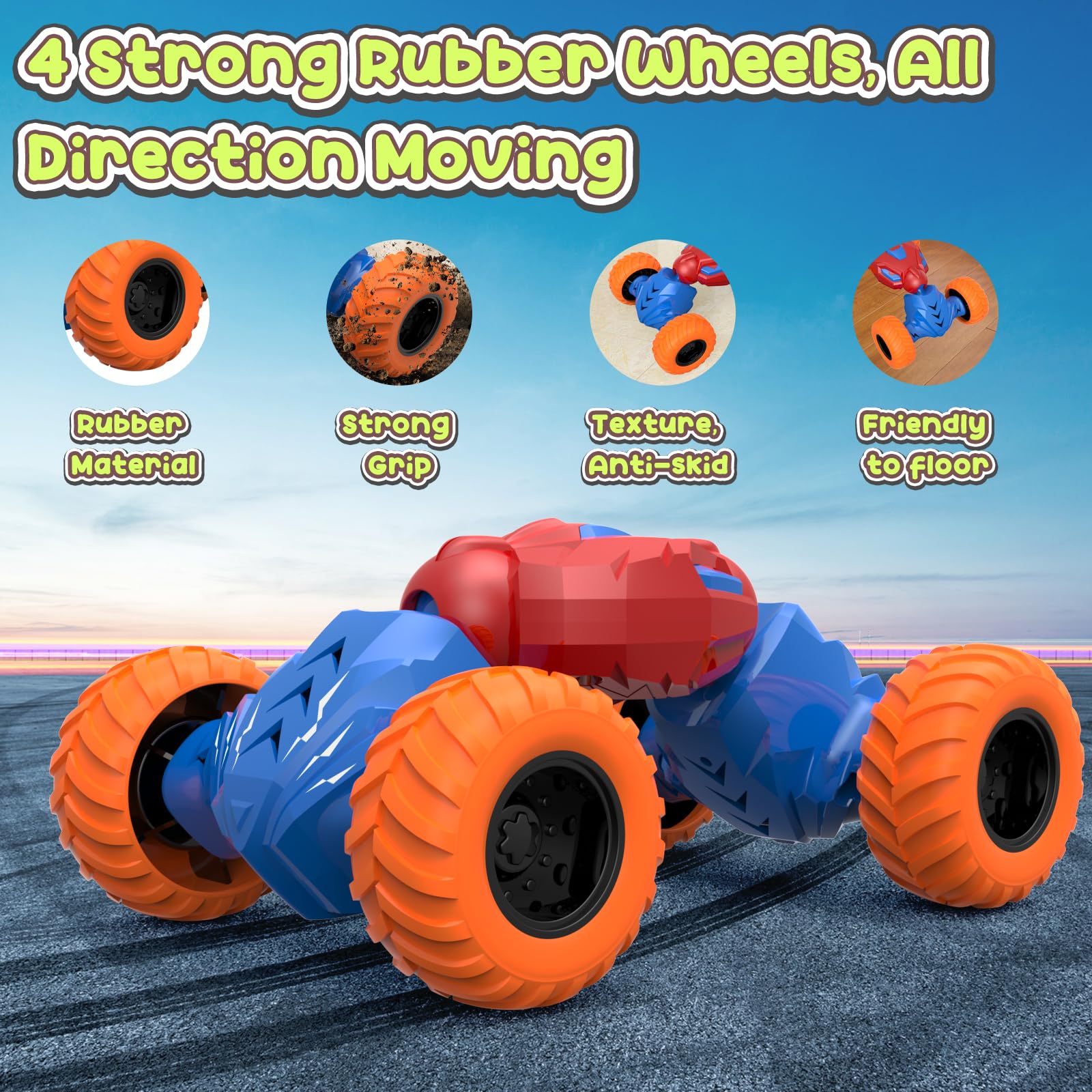 Yeefunjoy Macchinine Giocattolo per Bambini, Doppia Faccia Tirare Indietro Inerzia Macchinine, Spingere e Andare Giocattolo 360 Stunting Rotanti Fuoristrada Capovolge per Ragazzi Ragazze Regalo -Blu