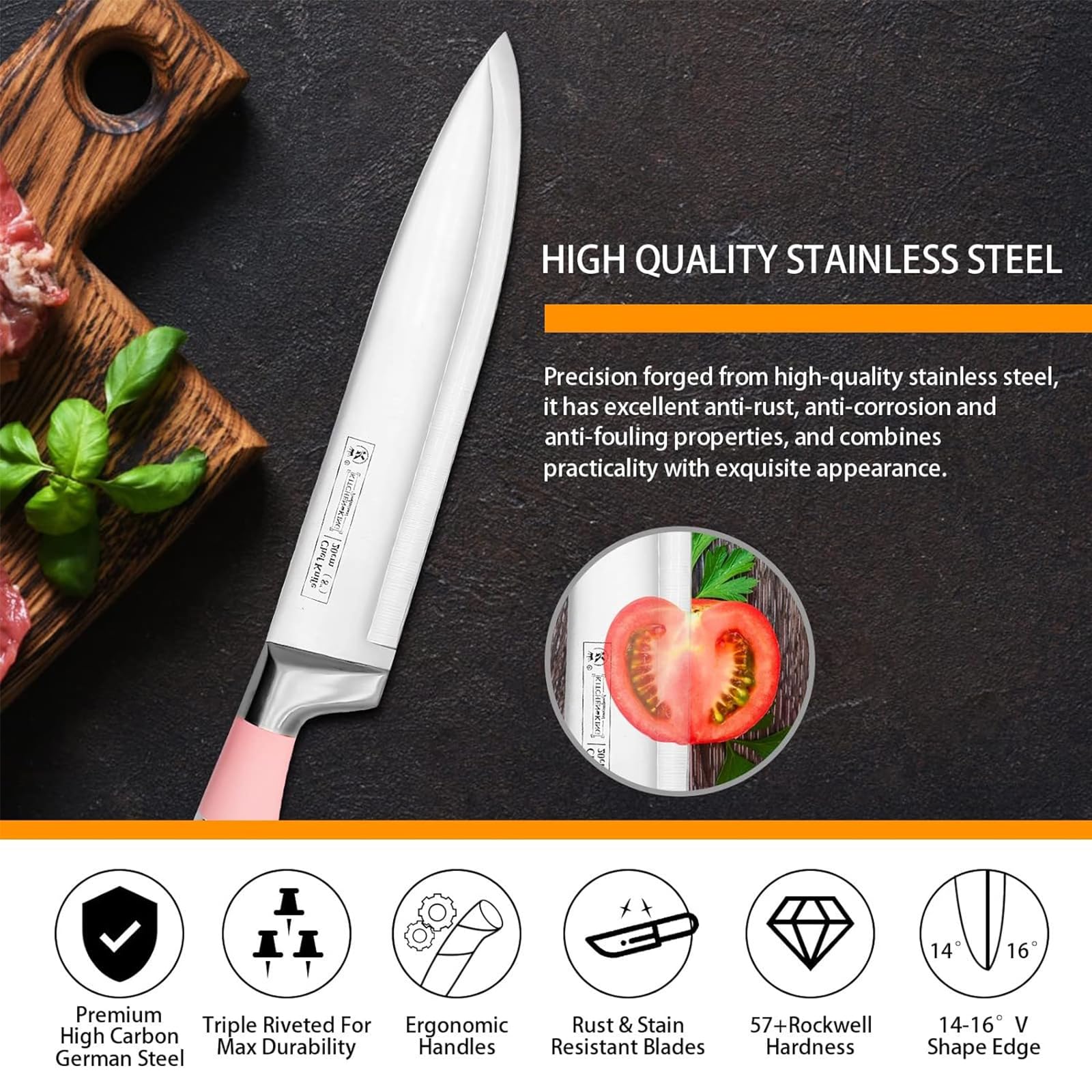 BVI BOOMERVIVI Couteaux de Cuisine, Set de 9 Couteaux de Chef Pointus Professionnels Rose, Ensemble de Porte - Couteaux à Poignée Creuse Rayée, Idéal pour Envoyer Famille et Amis (Rose)