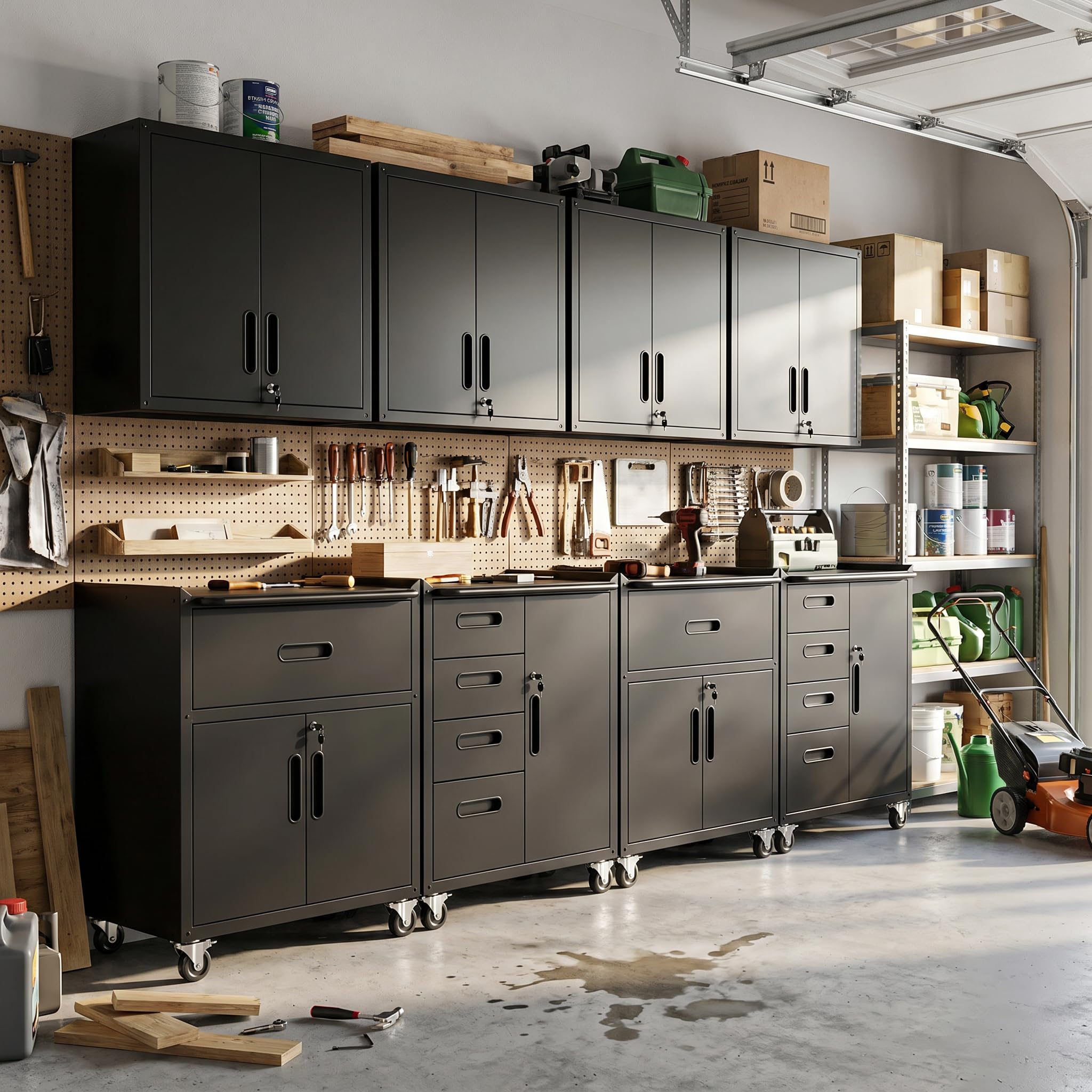Garage Cabinet System | Heavy Duty Steel All-in-One Modular Garage Cabinet Set for Ultimate Workshop Organization | Easy Assembly Garage Storage Cabinets &amp; Tool Bench
