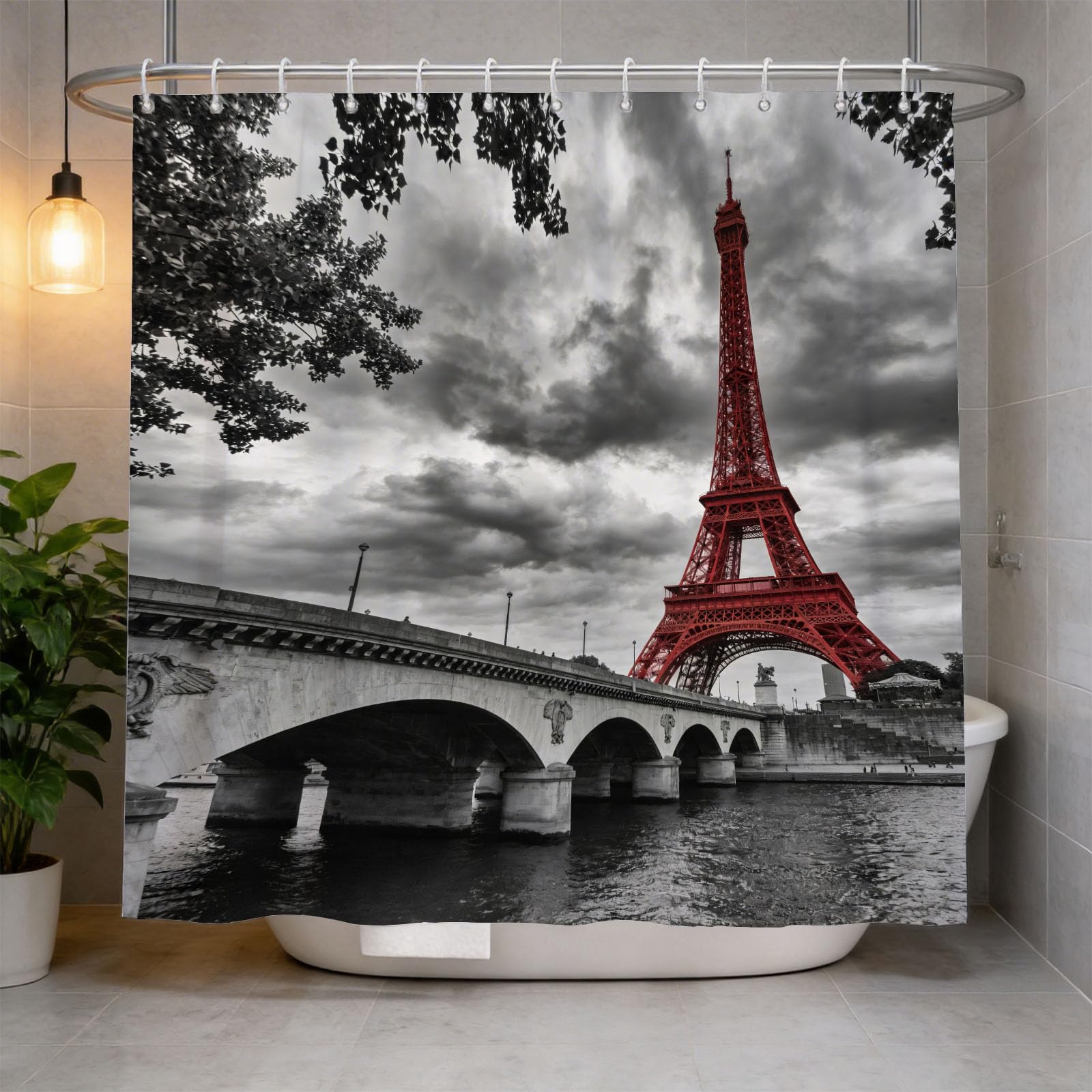Hongduo White 3D Paris Landmarks Shower Curtain For Stalls Bathtubs Black Red Photography Bathroom Decor Shower Curtain Set Polyester Fabric Waterproof 180X180cm/71X71 Inch With Hooks