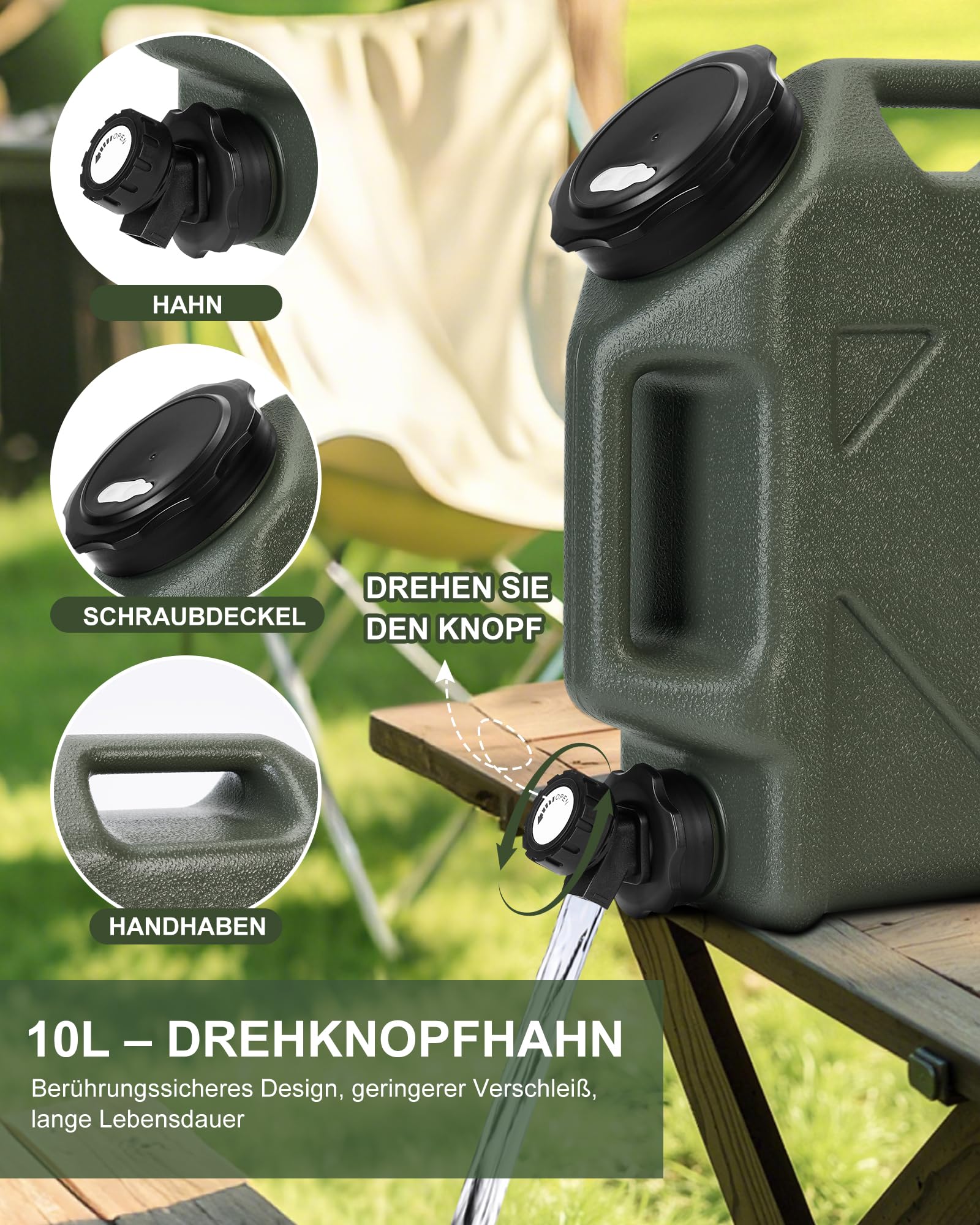 RUYI Waterjerrycan met kraan en schroefdeksel, camping-jerrycan, BPA-vrij, draagbaar waterreservoir met handvat voor caravans, picknick, wandelen, 10 liter, zwart
