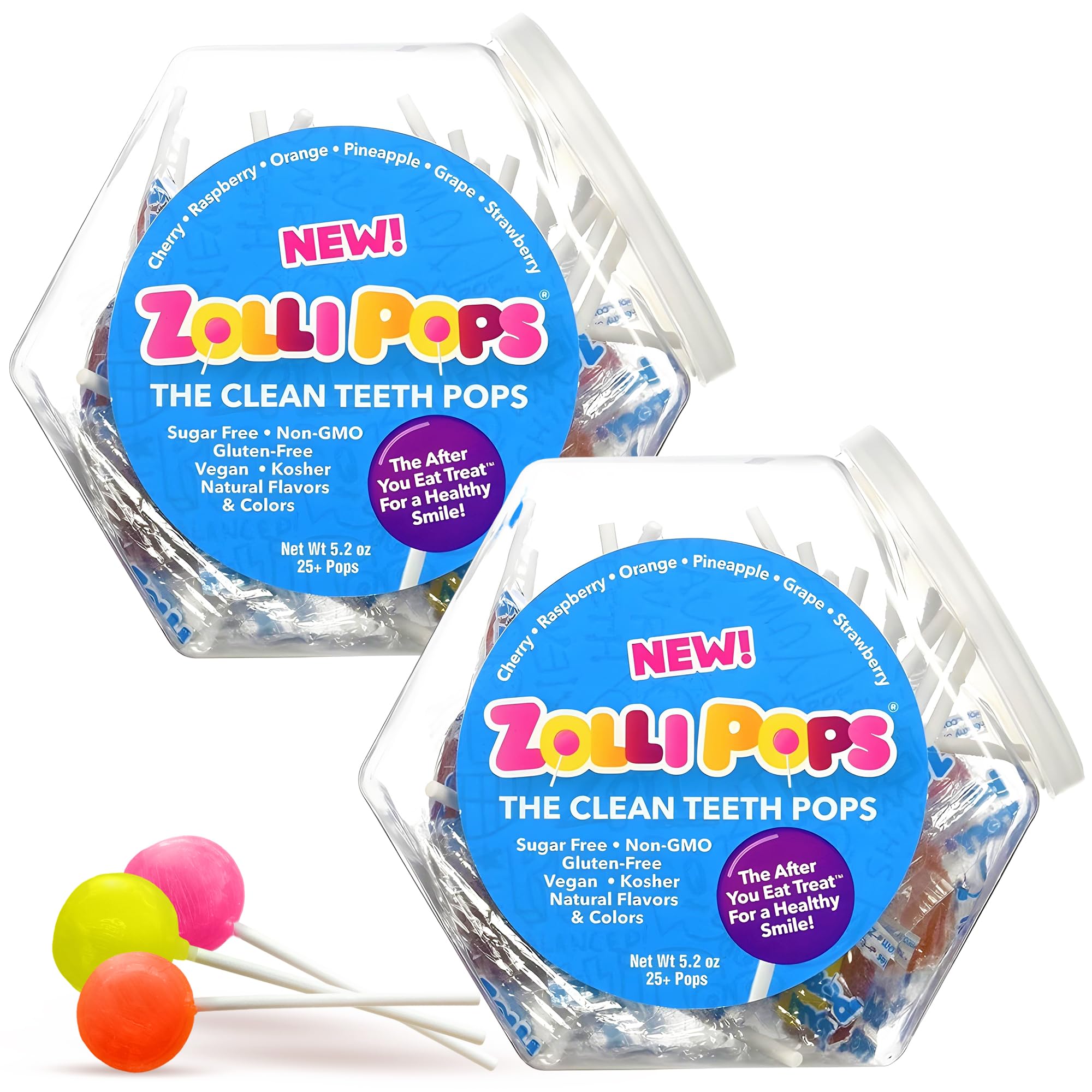 Zollipops Clean Teeth Pops Sugar Free Candy with Xylitol, Dye-Free Lollipops - Keto & Diabetic-Friendly, Dentist-Approved Treats for Kids (Assorted Fruit 5.2 oz, Pack of 2)