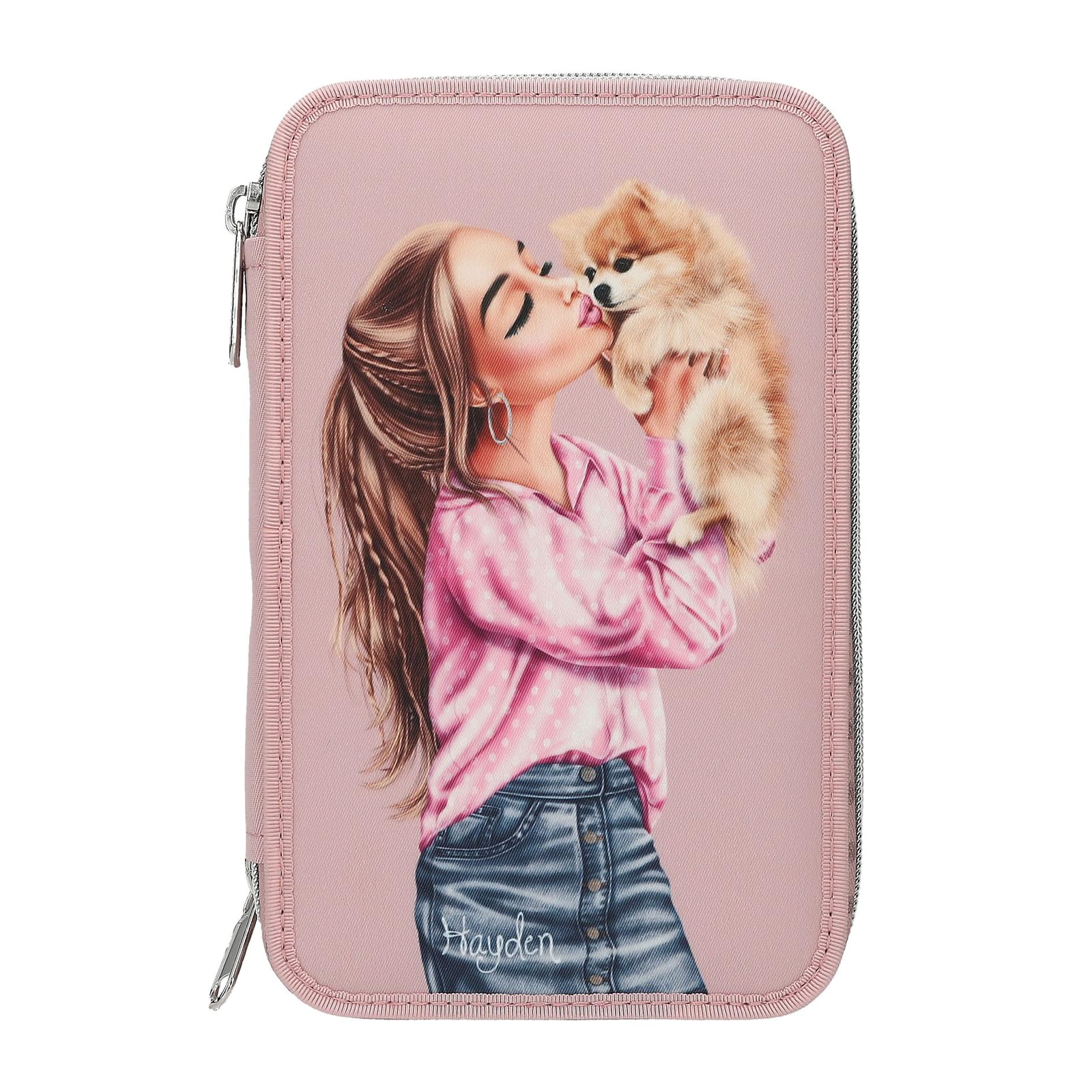 Depesche 14008 TOPModel Dots - Filled 2-Compartment Pencil Case in Pink with Model Motif and Dog, Pencil Case with Colouring Pencils, Scissors, Ruler and Much More