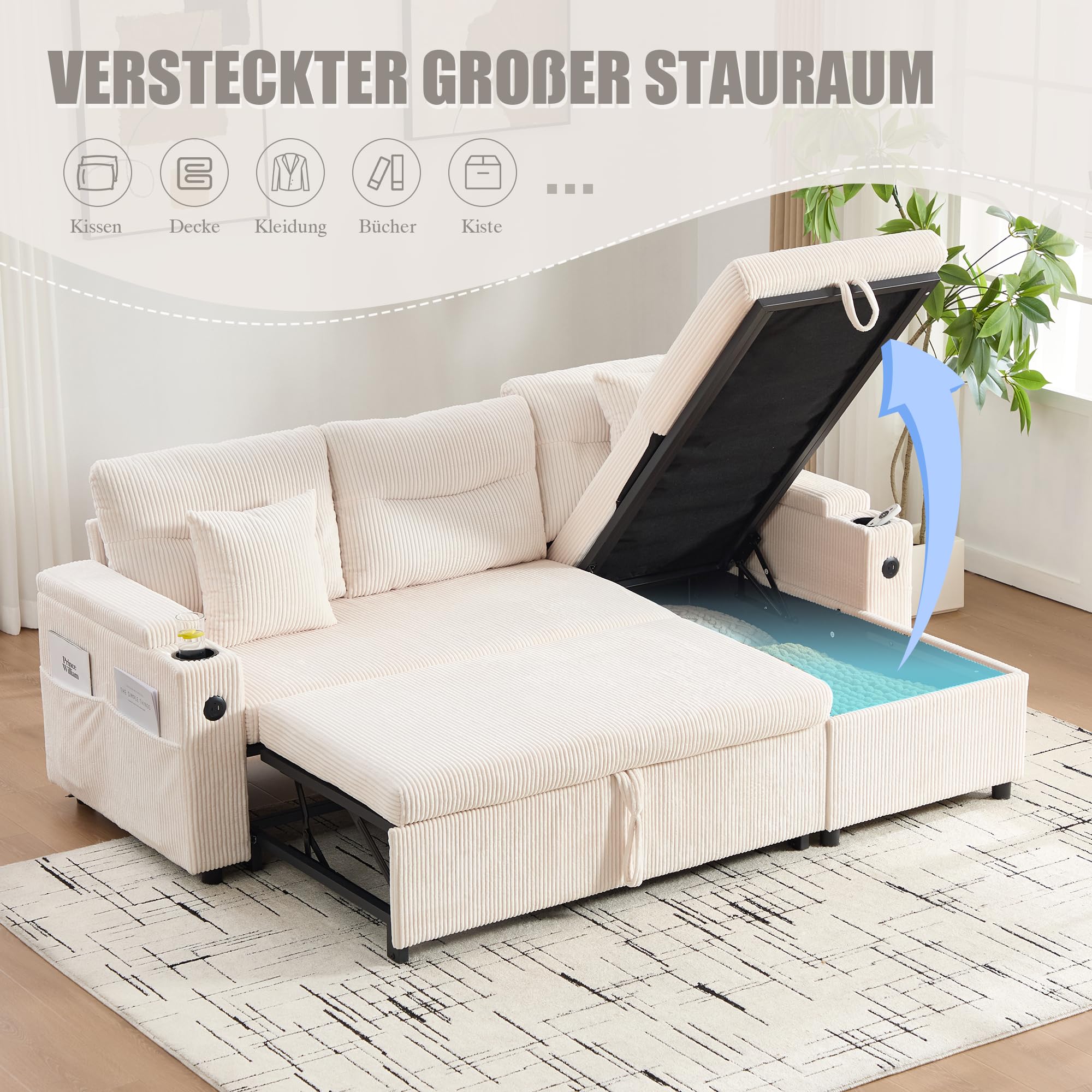 Sofá de 3 plazas con función de cama, chaise longue, espacio de almacenamiento, USB-C, sofá de pana, hidráulico, cama con cajón, soporte para bebidas