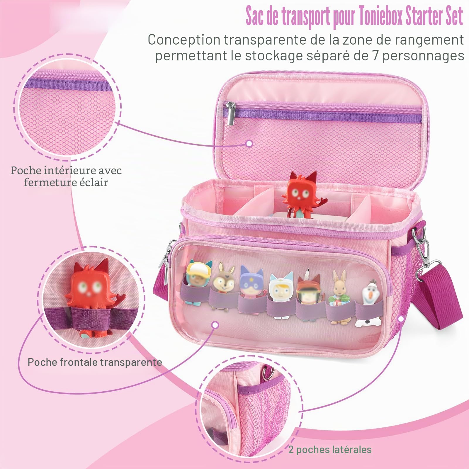 Sac pour Toniebox Tonie, rangement pour figurines auditives Tonies, sac de transport avec bandoulière, pour kit de démarrage Toniebox et accessoires Tonies, Rose, Décontracté
