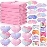 36 Pcs Sleepover Party Supplies Set 9 Pink Fleece Blankets 9 Fluffy Heart Throw Pillows 9 Plush Sleep Eye Mask 9 Face Wash Bow Headband for Pajama Slumber Party Spa Favors