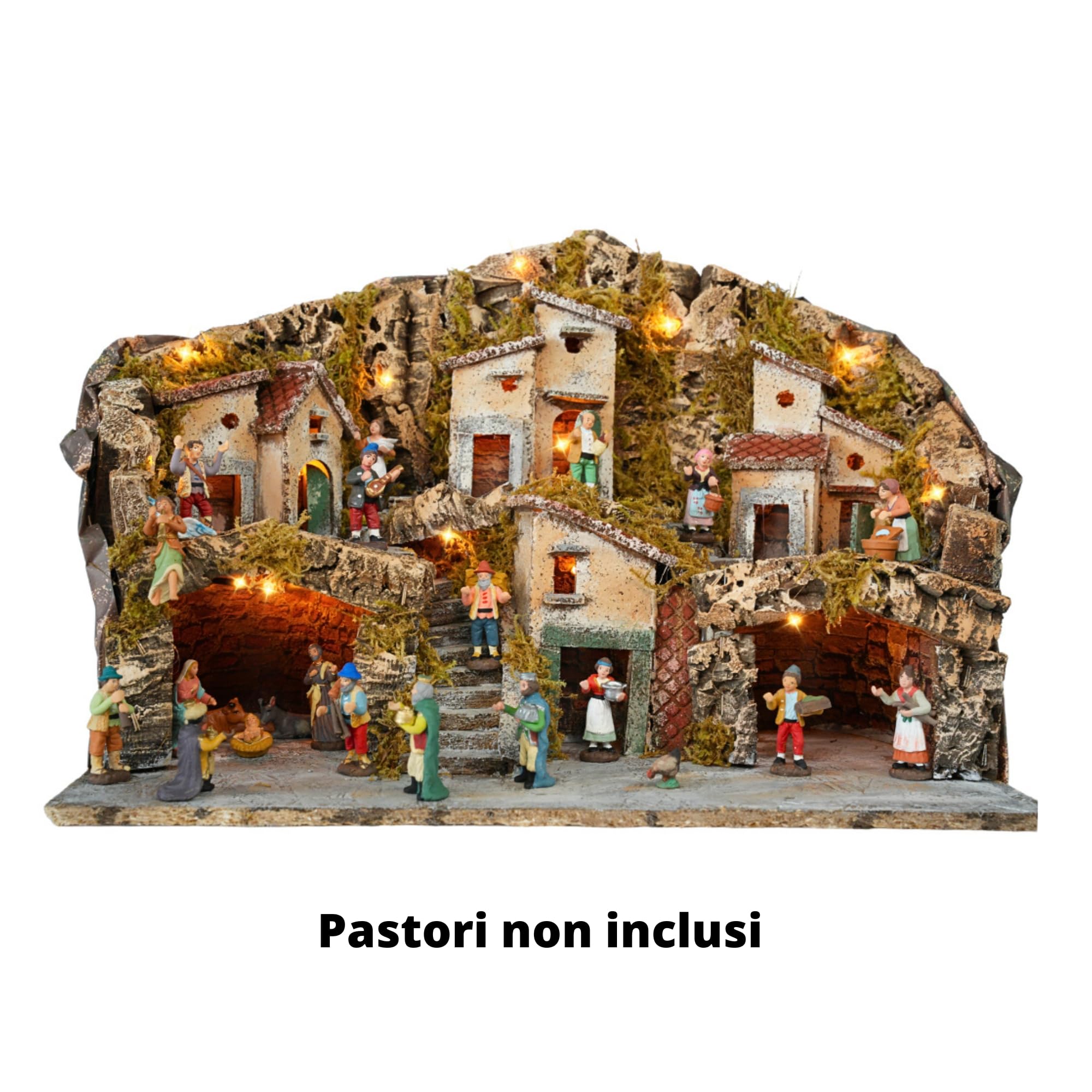 Presepe Villaggio Natalizio Completo illuminato con capanna e grotta per statuine artigianali, completo di luci Led calda.