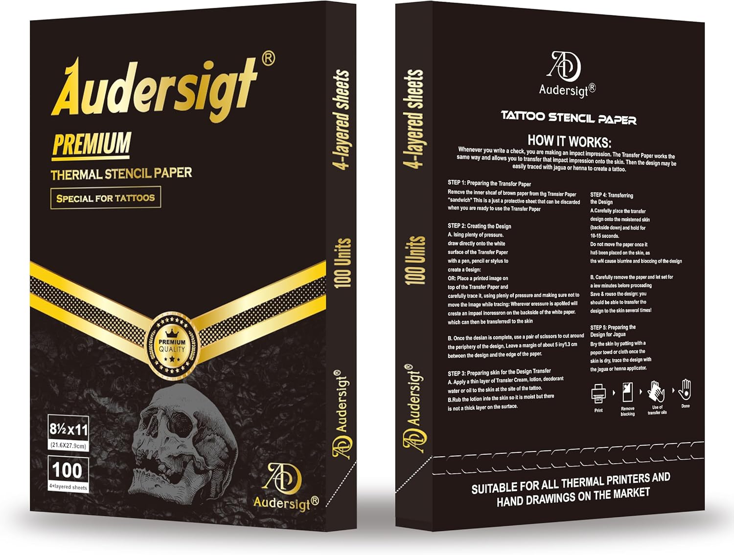100 Sheets Tattoo Transfer Paper -Audersigt® HD Gold Label Premium 4 Layers 8 1/2" X 11" DIY Tattoo Transfer Machine Transfer Paper for Tattoo Transfer