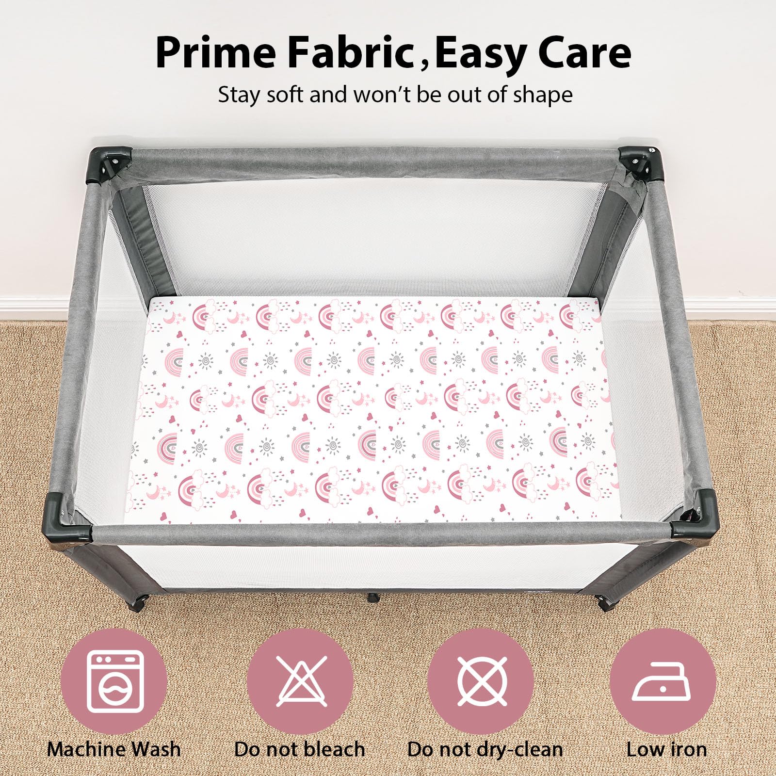 FIEMOL Travel Cot Sheets 95x65cm Fitted, 3 Pack Baby Sheets, Ultra Soft & Silky Smooth Microfiber Travel Cot Fitted Sheet Pink Rainbow - Image 3