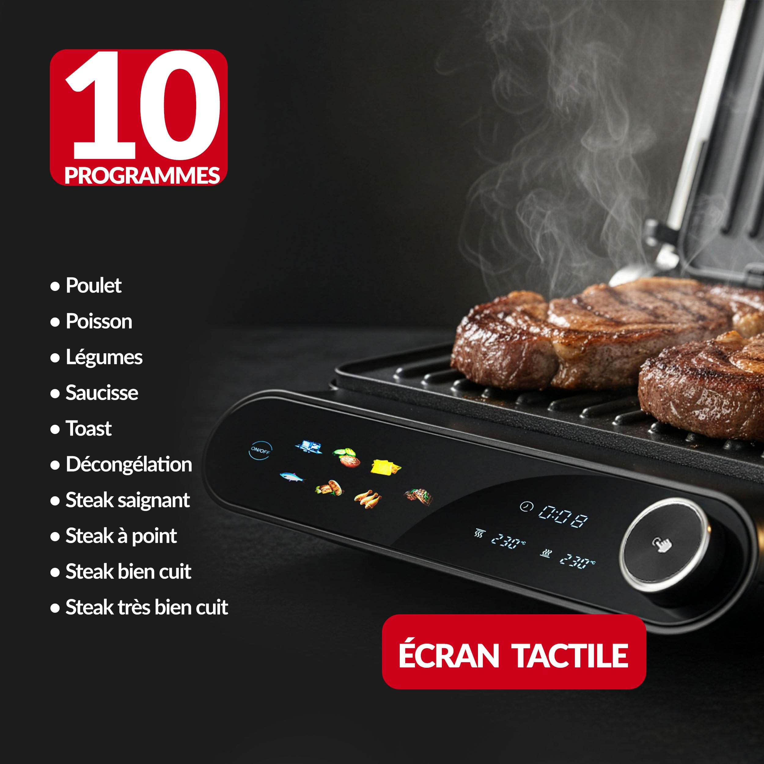 LEHMANN Grill électrique multifonction 2-en-1 pour Viande et Panini, 2200 W, Ouverture à 180°, Plaques Antiadhésives Amovibles, 10 programmes, Réglage Température 90-230 °C, Timer 1-240 min